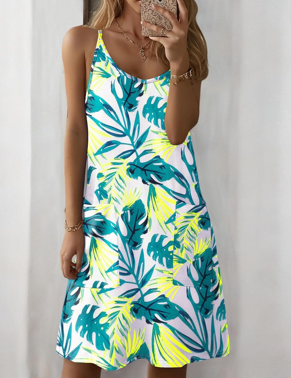 imageZeagoo Women Summer Dresses Casual Beach Vacation Dress Spaghetti Strap Sundress Sleeveless Mini Short Dress with PocketsYellow Green Leaf
