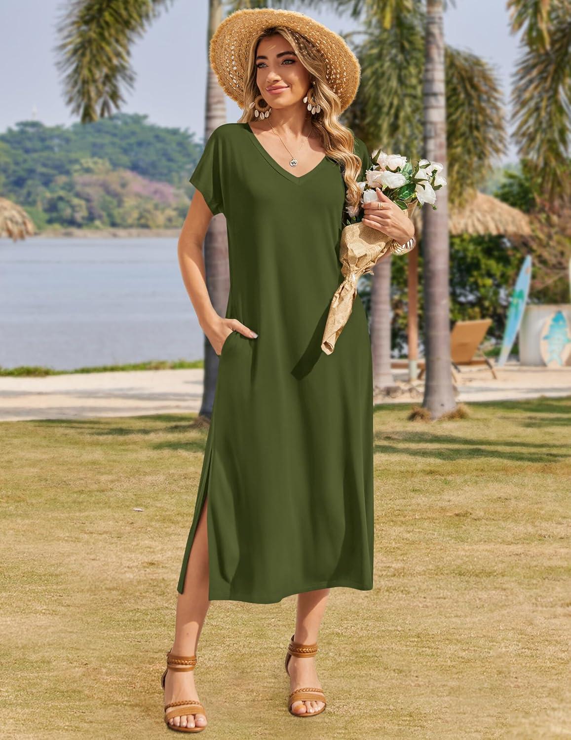 imageZeagoo Women Summer Floral Dress Short Sleeve Beach Dress with Pockets Casual VNeck Split Long TShirt Dress Travel VacationArmy Green