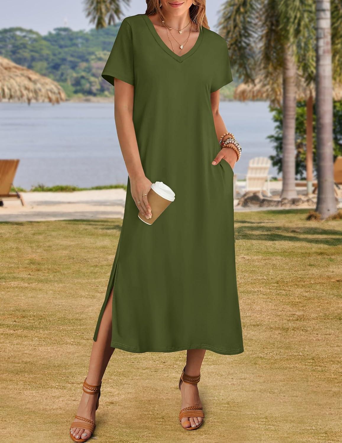 imageZeagoo Women Summer Floral Dress Short Sleeve Beach Dress with Pockets Casual VNeck Split Long TShirt Dress Travel VacationArmy Green