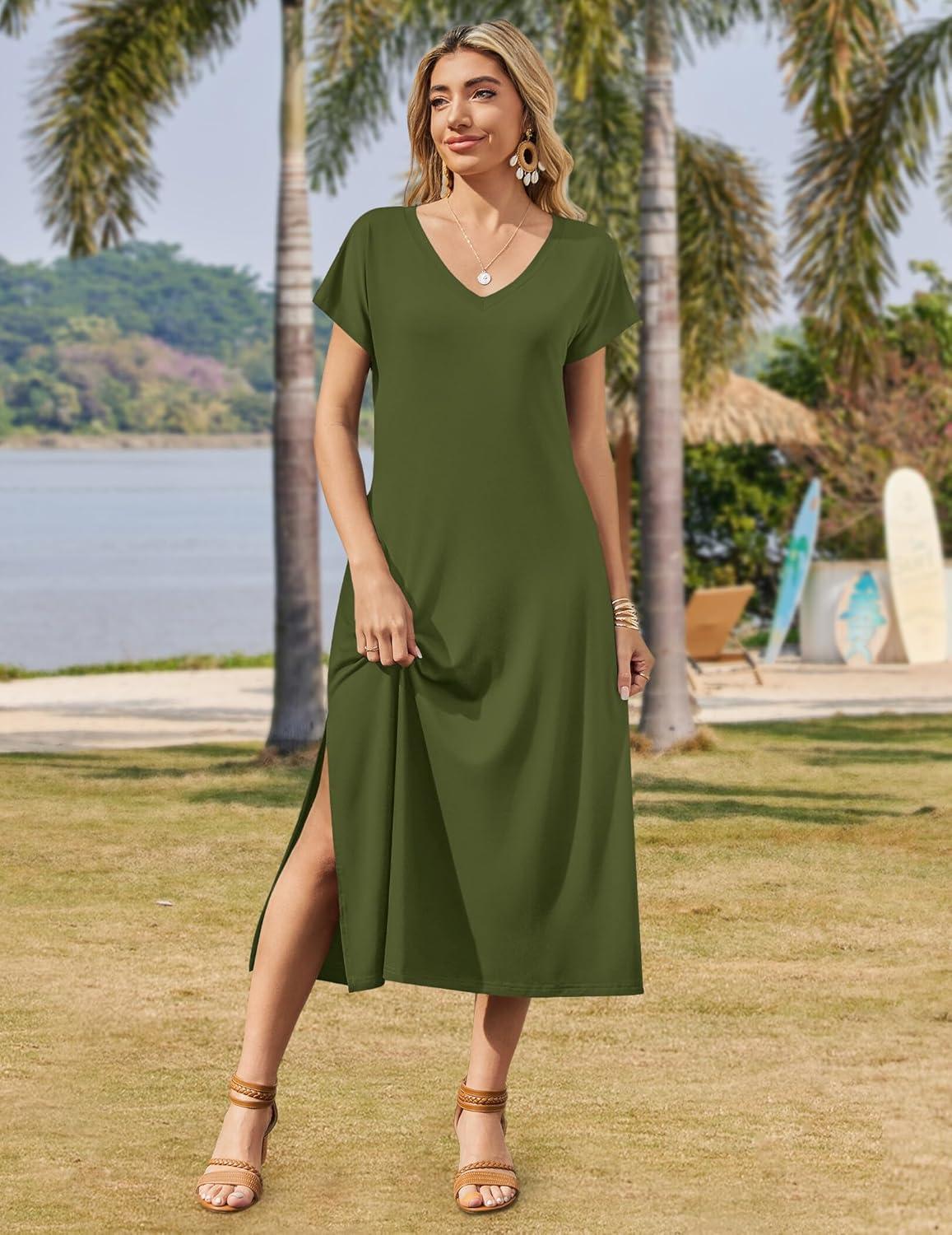 imageZeagoo Women Summer Floral Dress Short Sleeve Beach Dress with Pockets Casual VNeck Split Long TShirt Dress Travel VacationArmy Green