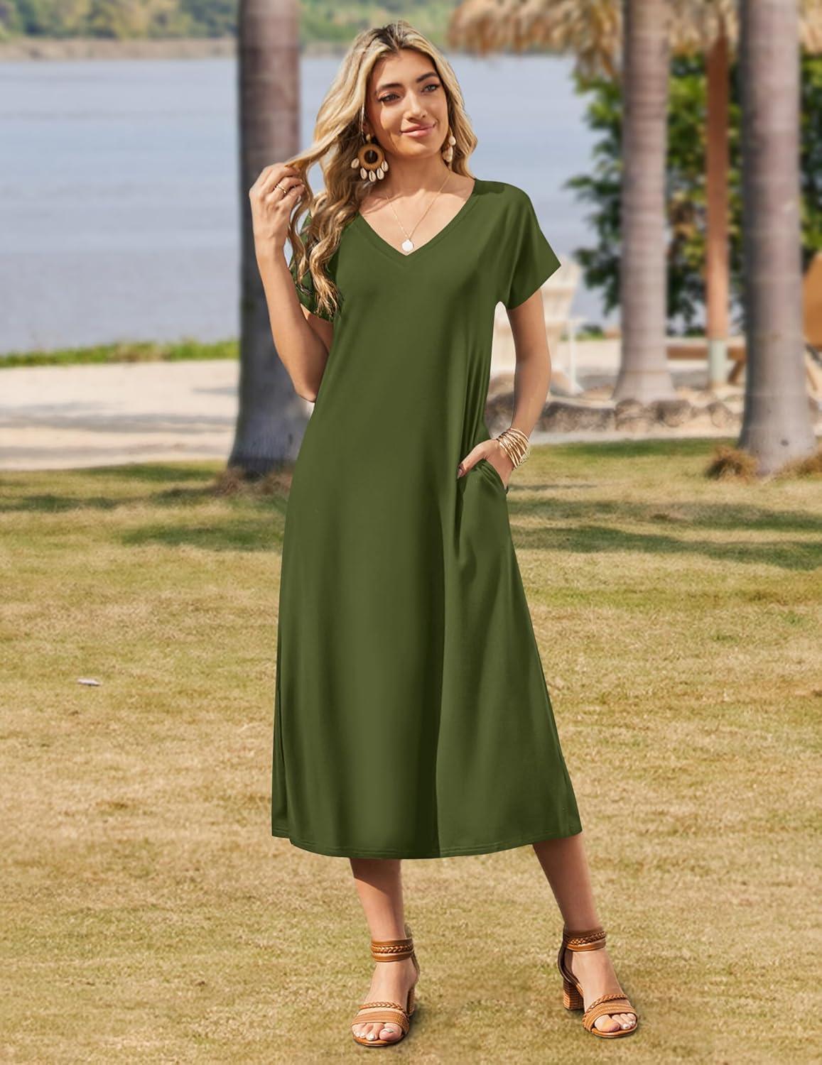 imageZeagoo Women Summer Floral Dress Short Sleeve Beach Dress with Pockets Casual VNeck Split Long TShirt Dress Travel VacationArmy Green