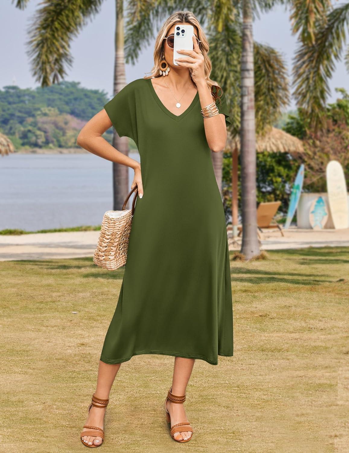 imageZeagoo Women Summer Floral Dress Short Sleeve Beach Dress with Pockets Casual VNeck Split Long TShirt Dress Travel VacationArmy Green