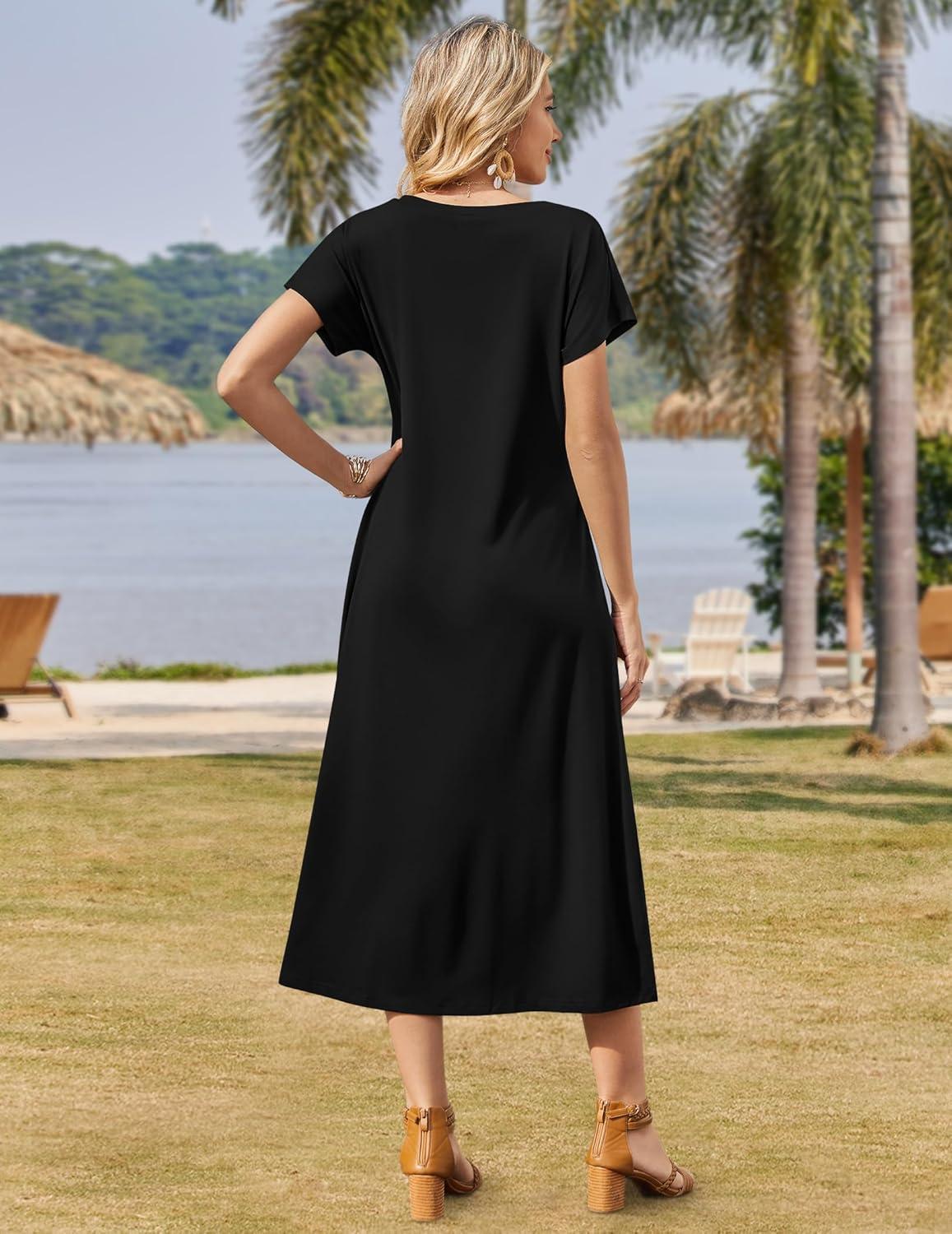 imageZeagoo Women Summer Floral Dress Short Sleeve Beach Dress with Pockets Casual VNeck Split Long TShirt Dress Travel VacationBlack
