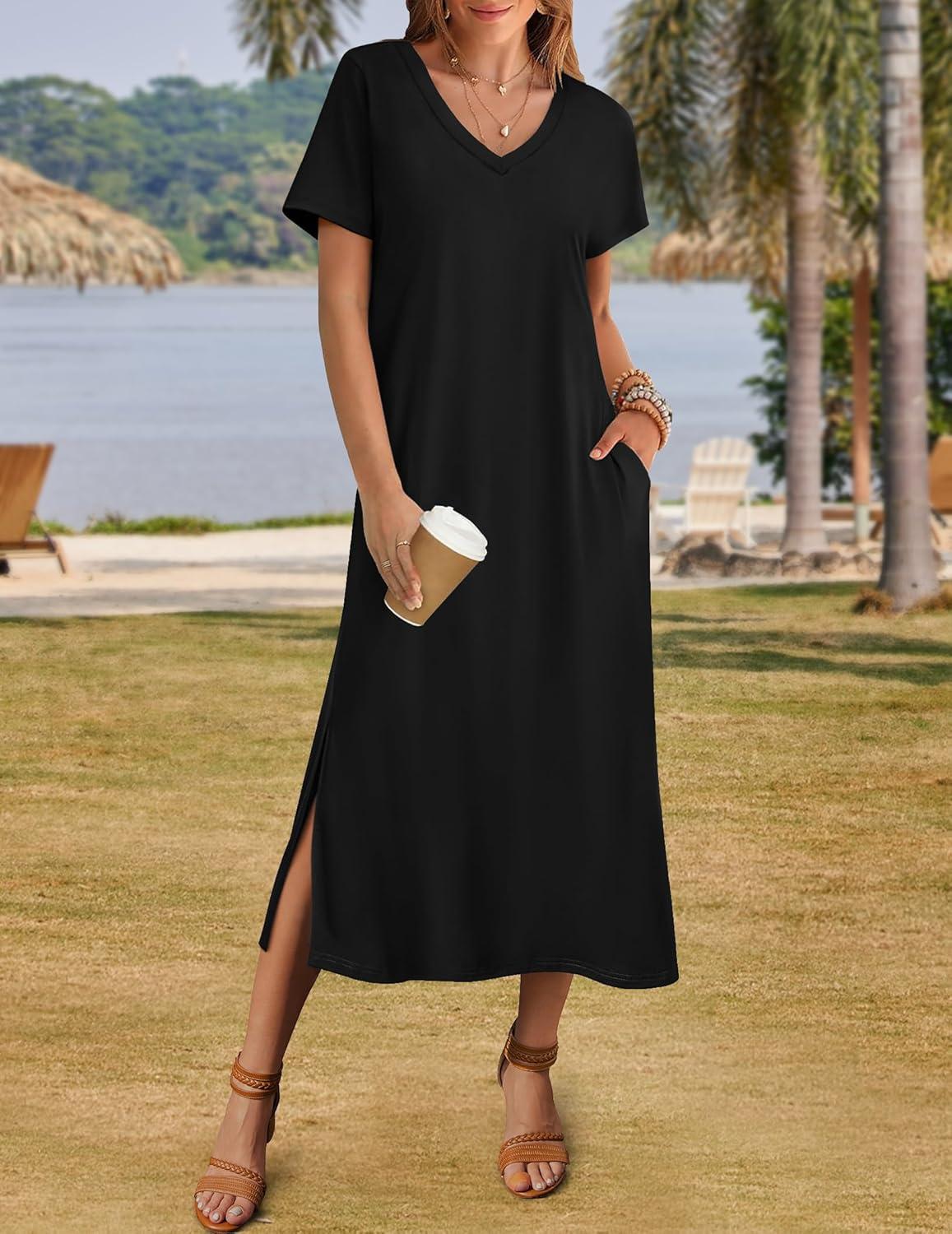 imageZeagoo Women Summer Floral Dress Short Sleeve Beach Dress with Pockets Casual VNeck Split Long TShirt Dress Travel VacationBlack
