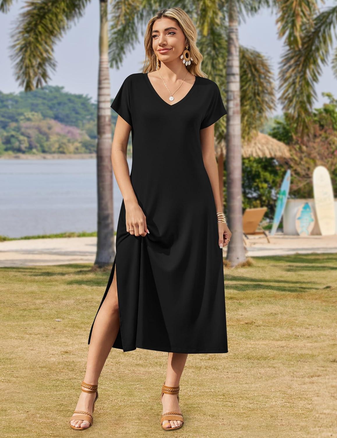 imageZeagoo Women Summer Floral Dress Short Sleeve Beach Dress with Pockets Casual VNeck Split Long TShirt Dress Travel VacationBlack