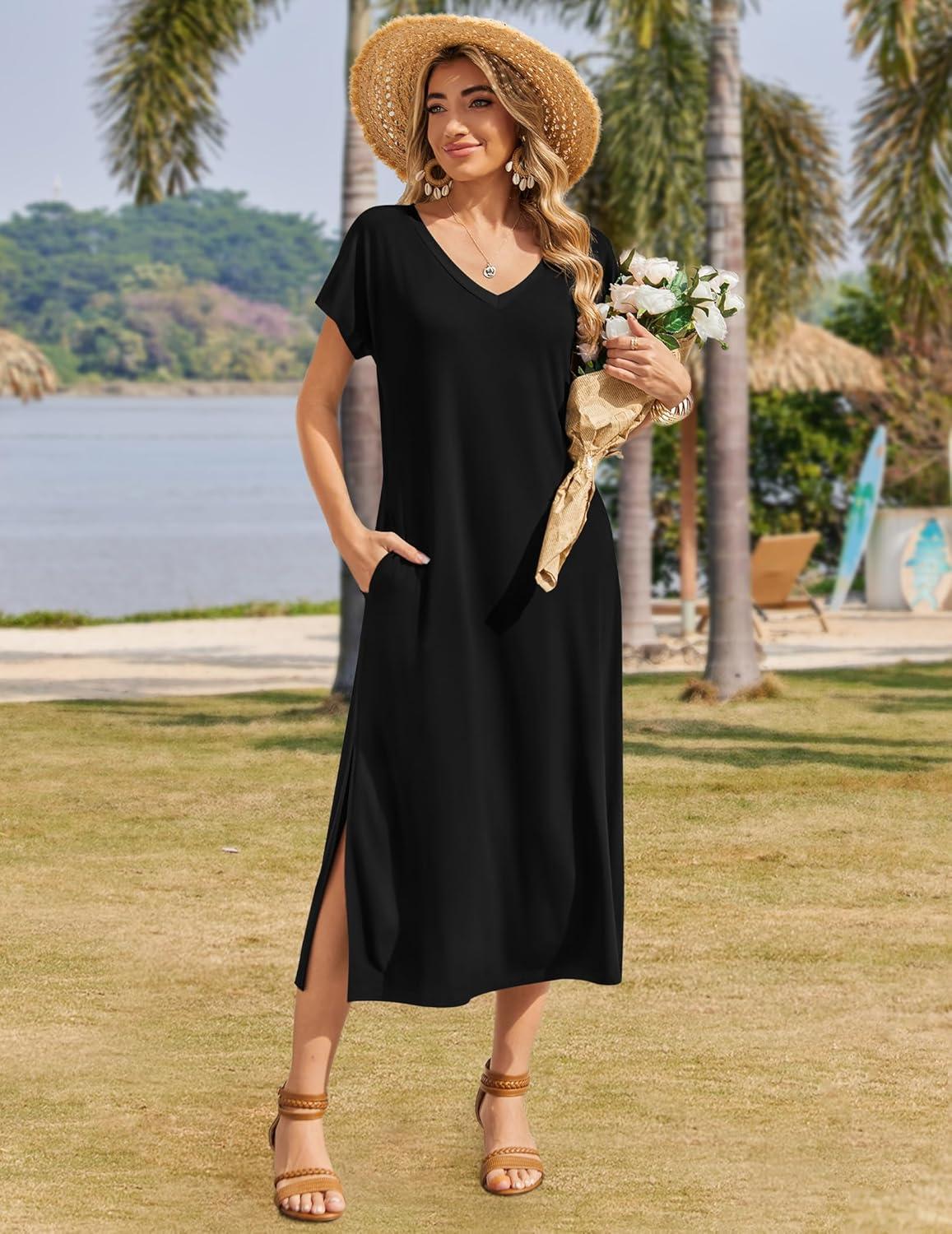 imageZeagoo Women Summer Floral Dress Short Sleeve Beach Dress with Pockets Casual VNeck Split Long TShirt Dress Travel VacationBlack