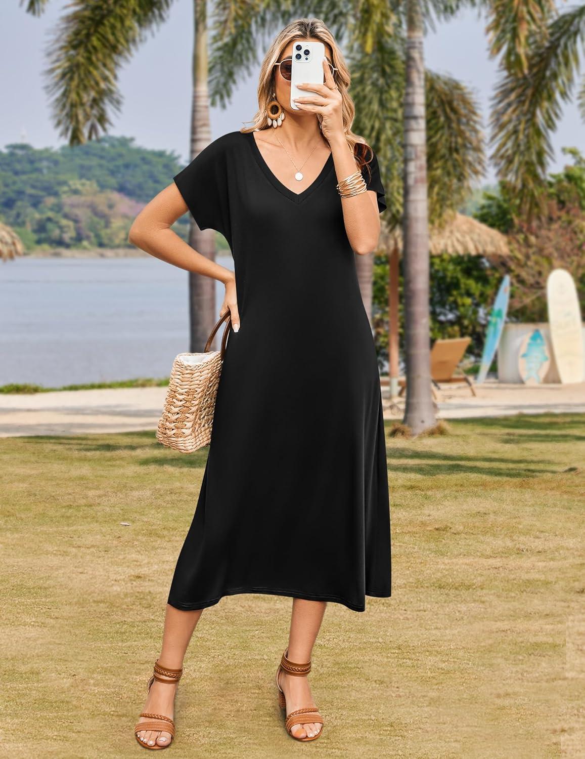 imageZeagoo Women Summer Floral Dress Short Sleeve Beach Dress with Pockets Casual VNeck Split Long TShirt Dress Travel VacationBlack