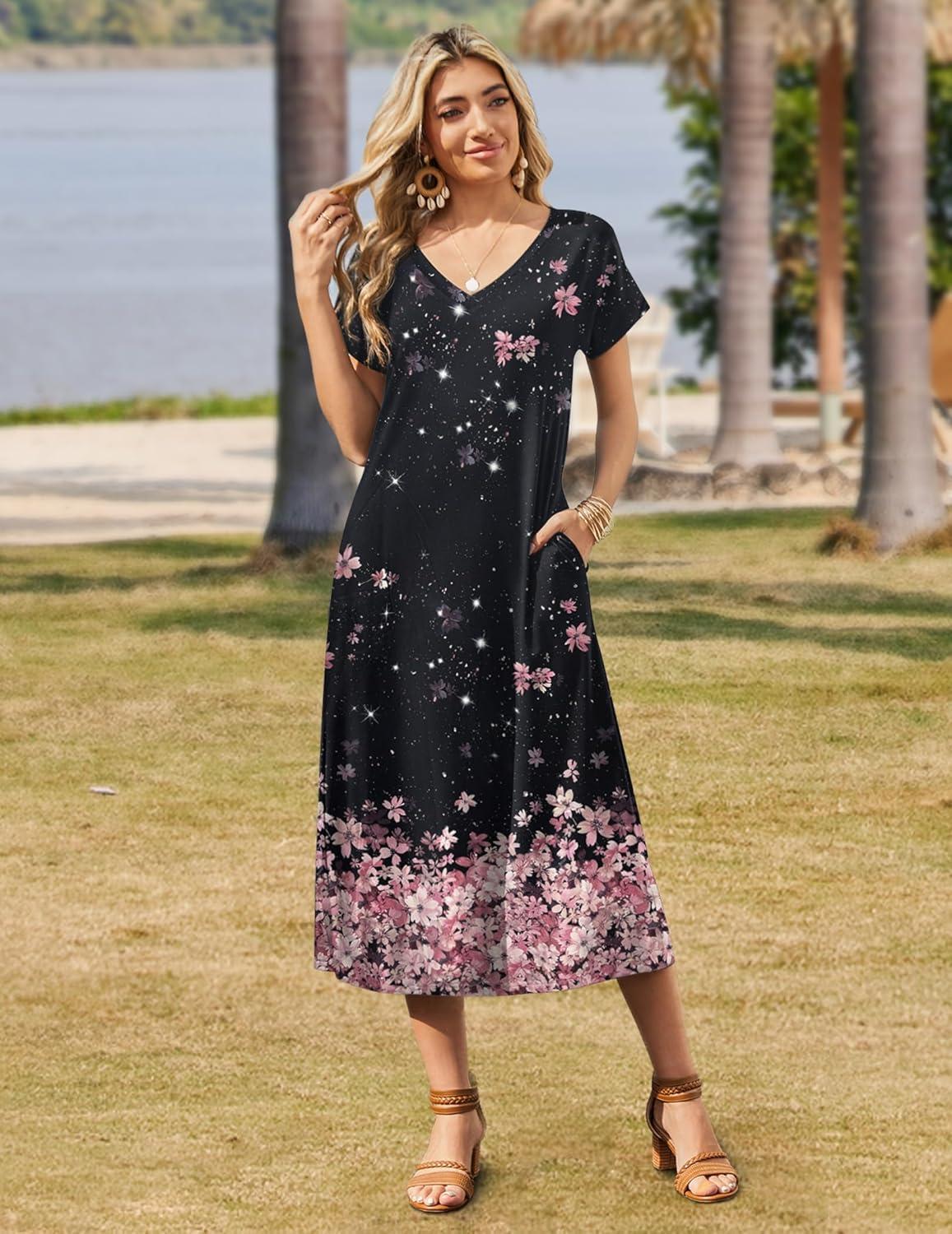 imageZeagoo Women Summer Floral Dress Short Sleeve Beach Dress with Pockets Casual VNeck Split Long TShirt Dress Travel VacationBlack Pink Floral