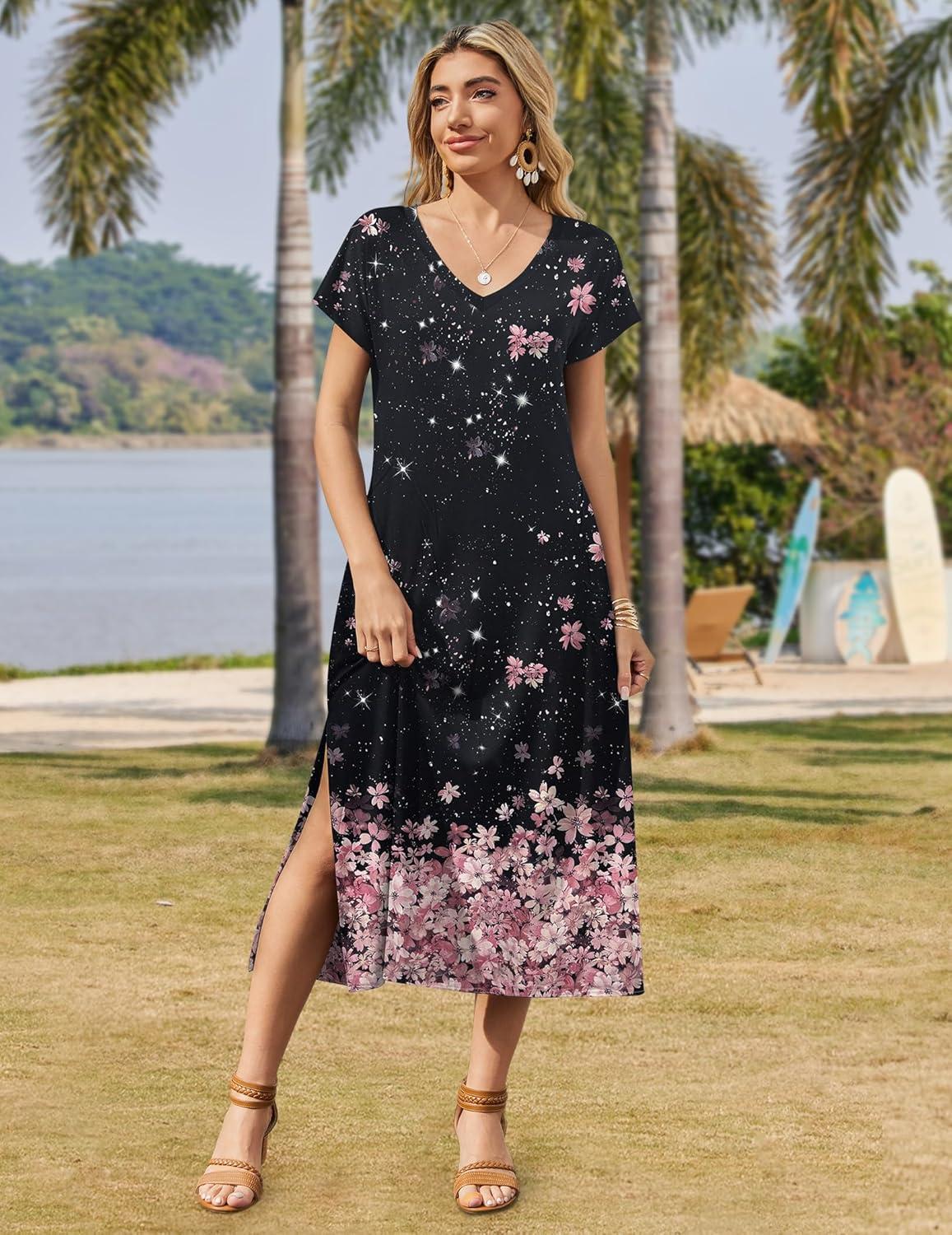 imageZeagoo Women Summer Floral Dress Short Sleeve Beach Dress with Pockets Casual VNeck Split Long TShirt Dress Travel VacationBlack Pink Floral