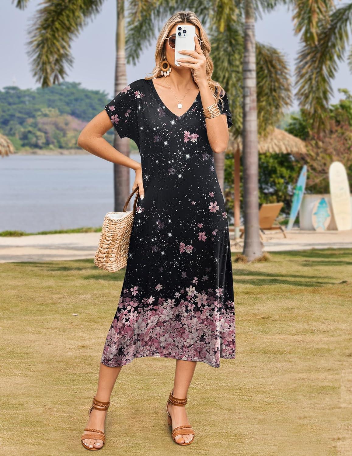 imageZeagoo Women Summer Floral Dress Short Sleeve Beach Dress with Pockets Casual VNeck Split Long TShirt Dress Travel VacationBlack Pink Floral