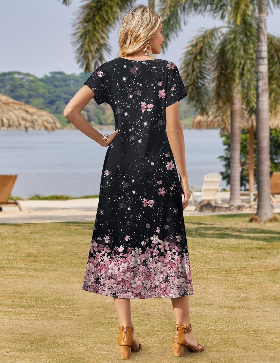 imageZeagoo Women Summer Floral Dress Short Sleeve Beach Dress with Pockets Casual VNeck Split Long TShirt Dress Travel VacationBlack Pink Floral