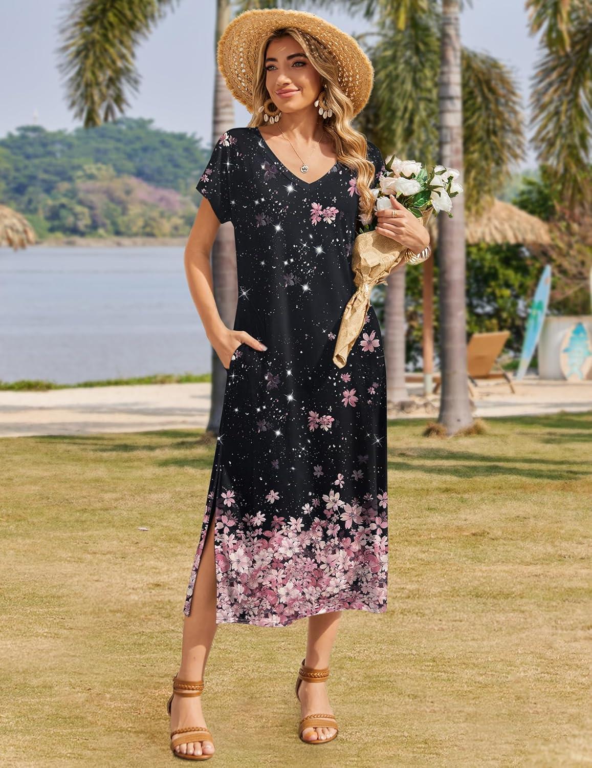 imageZeagoo Women Summer Floral Dress Short Sleeve Beach Dress with Pockets Casual VNeck Split Long TShirt Dress Travel VacationBlack Pink Floral