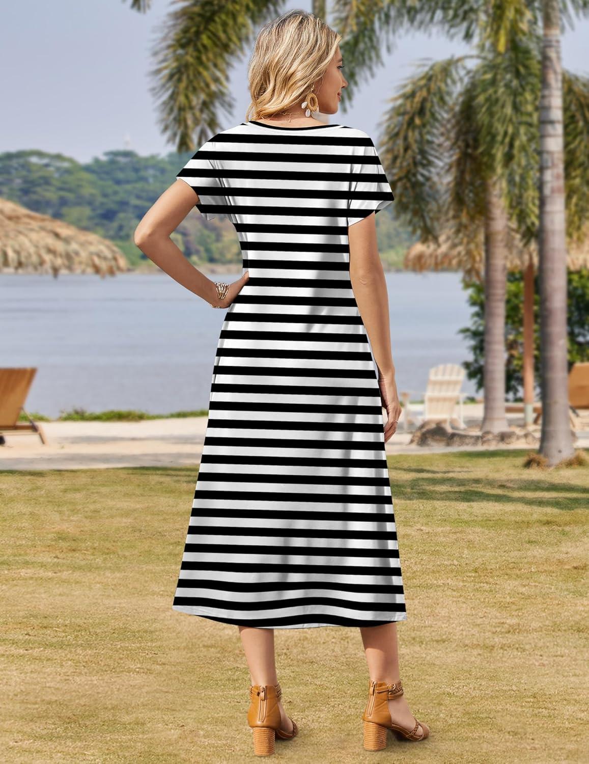 imageZeagoo Women Summer Floral Dress Short Sleeve Beach Dress with Pockets Casual VNeck Split Long TShirt Dress Travel VacationBlack White Stripe