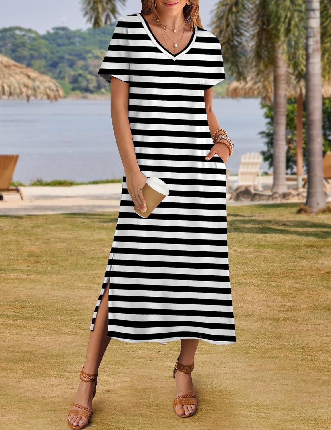 imageZeagoo Women Summer Floral Dress Short Sleeve Beach Dress with Pockets Casual VNeck Split Long TShirt Dress Travel VacationBlack White Stripe