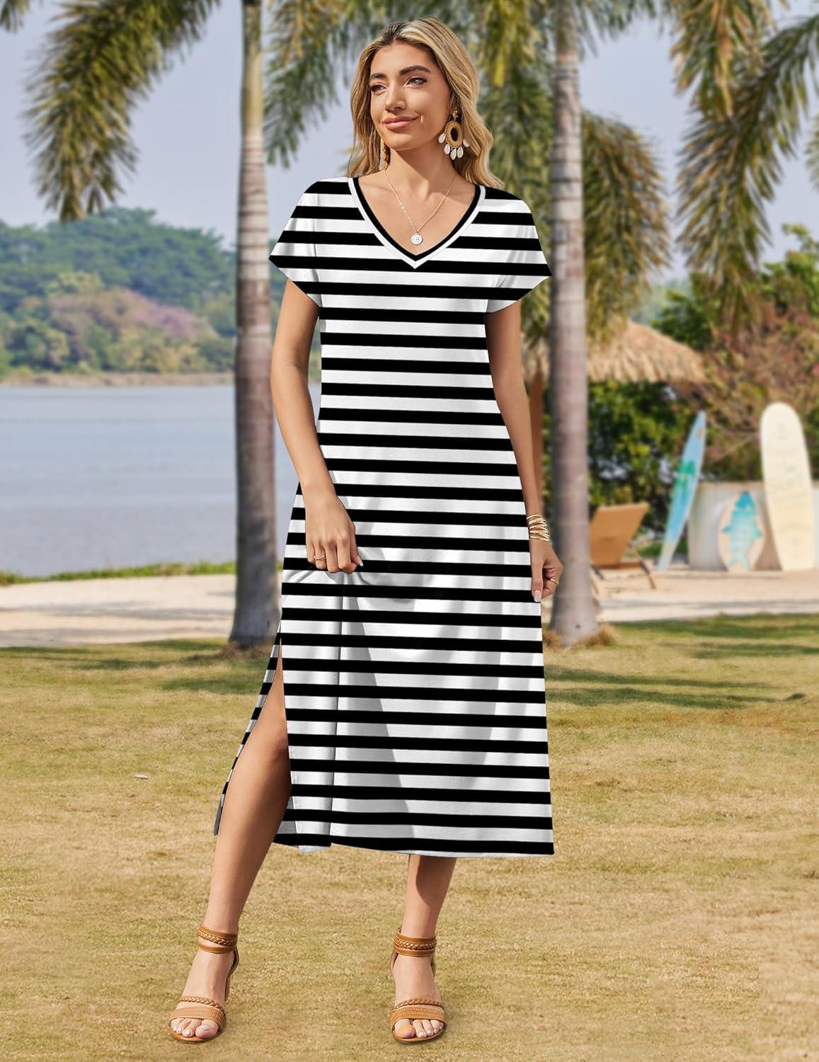 imageZeagoo Women Summer Floral Dress Short Sleeve Beach Dress with Pockets Casual VNeck Split Long TShirt Dress Travel VacationBlack White Stripe