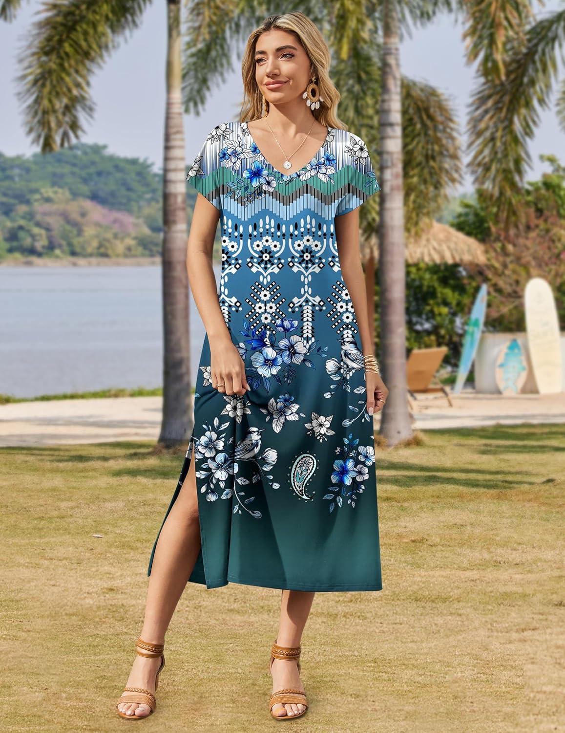 imageZeagoo Women Summer Floral Dress Short Sleeve Beach Dress with Pockets Casual VNeck Split Long TShirt Dress Travel VacationBlue Ethnic Pattern