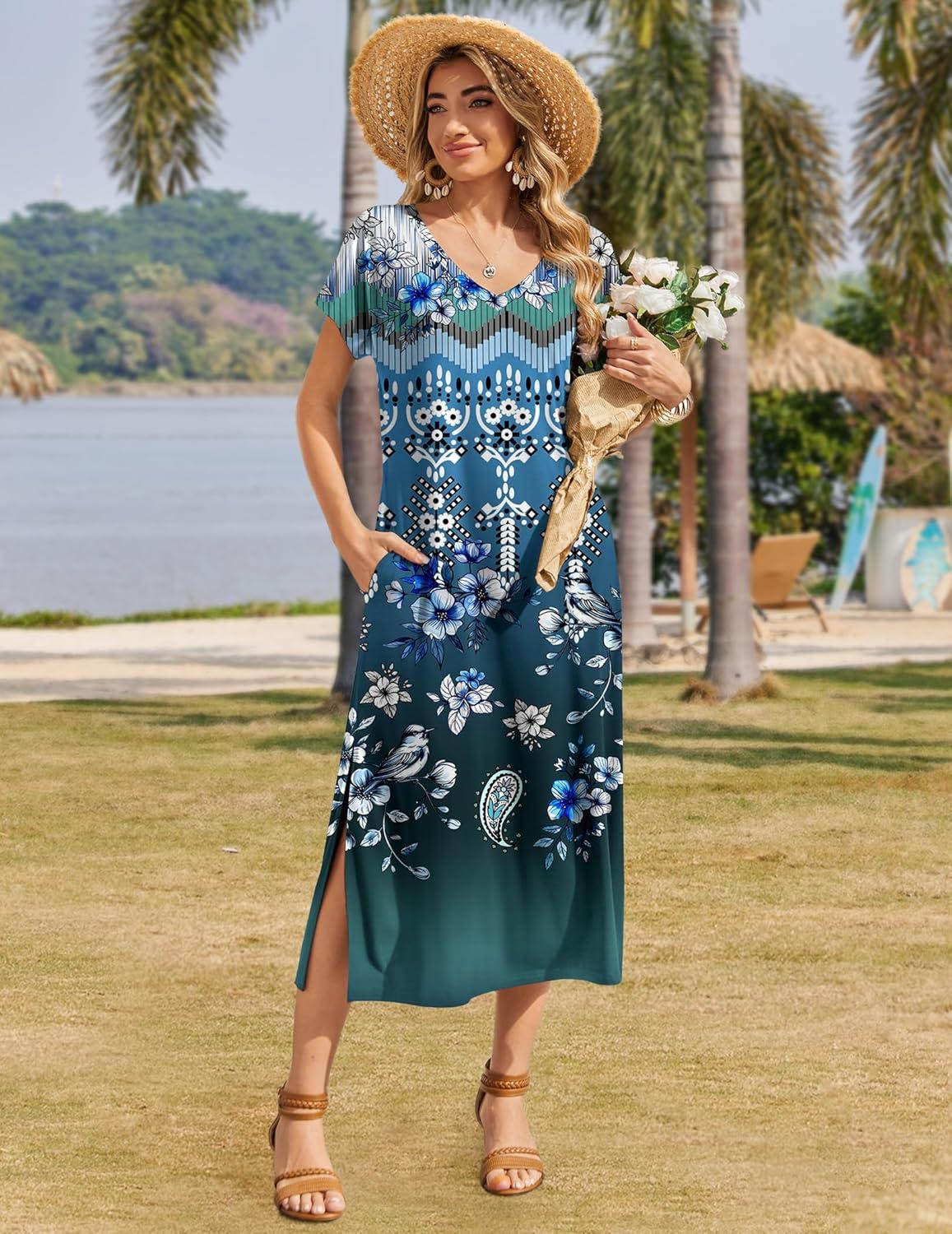 imageZeagoo Women Summer Floral Dress Short Sleeve Beach Dress with Pockets Casual VNeck Split Long TShirt Dress Travel VacationBlue Ethnic Pattern