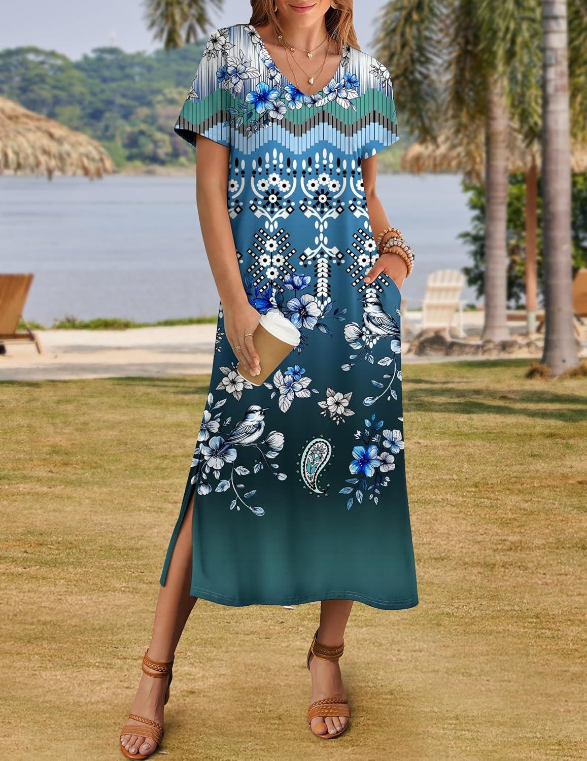 imageZeagoo Women Summer Floral Dress Short Sleeve Beach Dress with Pockets Casual VNeck Split Long TShirt Dress Travel VacationBlue Ethnic Pattern