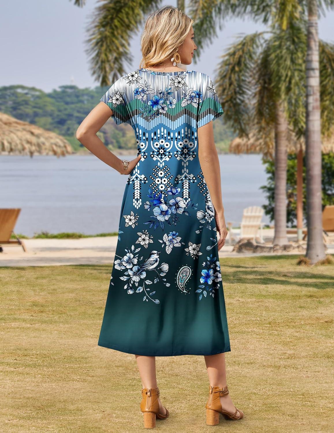 imageZeagoo Women Summer Floral Dress Short Sleeve Beach Dress with Pockets Casual VNeck Split Long TShirt Dress Travel VacationBlue Ethnic Pattern