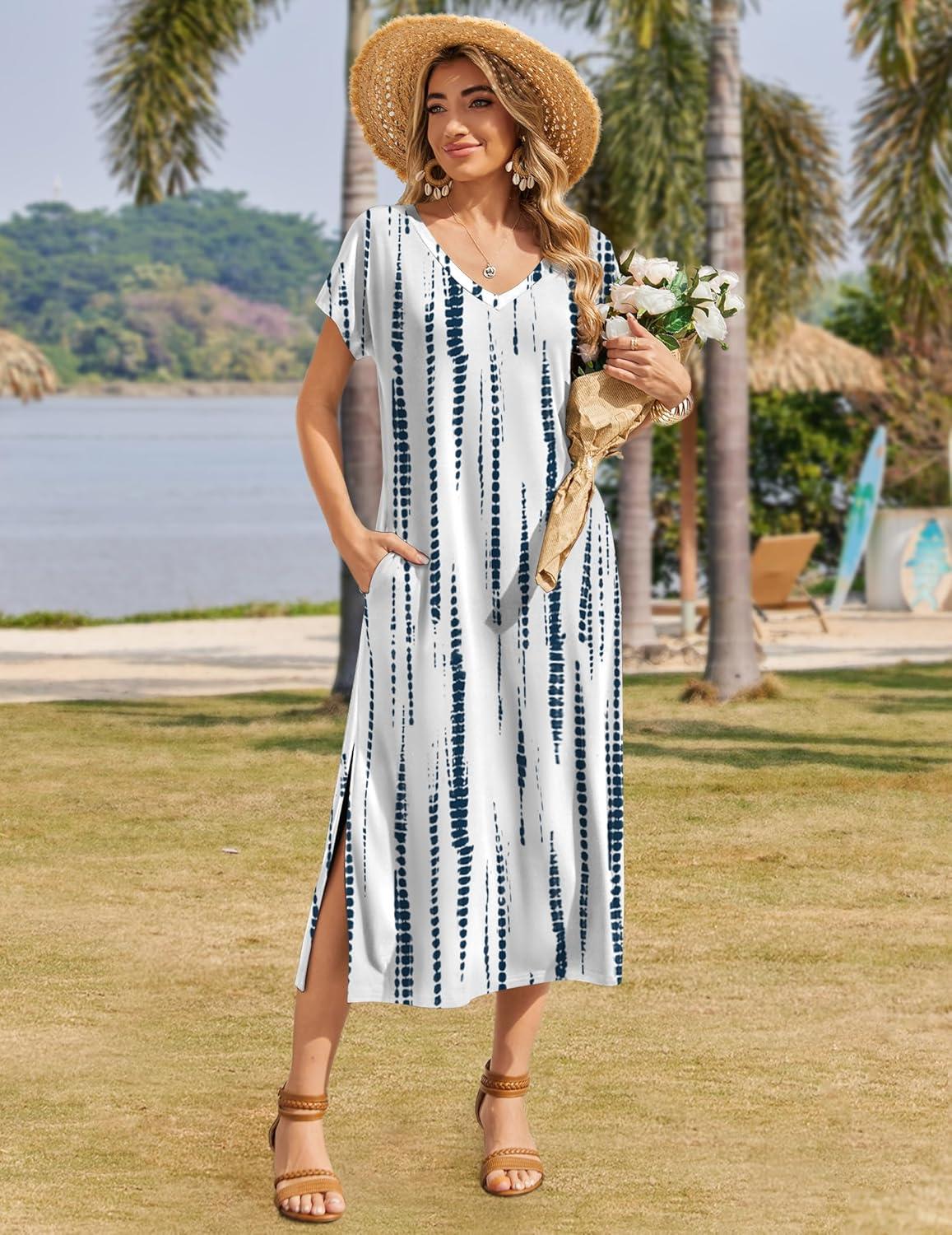 imageZeagoo Women Summer Floral Dress Short Sleeve Beach Dress with Pockets Casual VNeck Split Long TShirt Dress Travel VacationBlue White Tie Dye