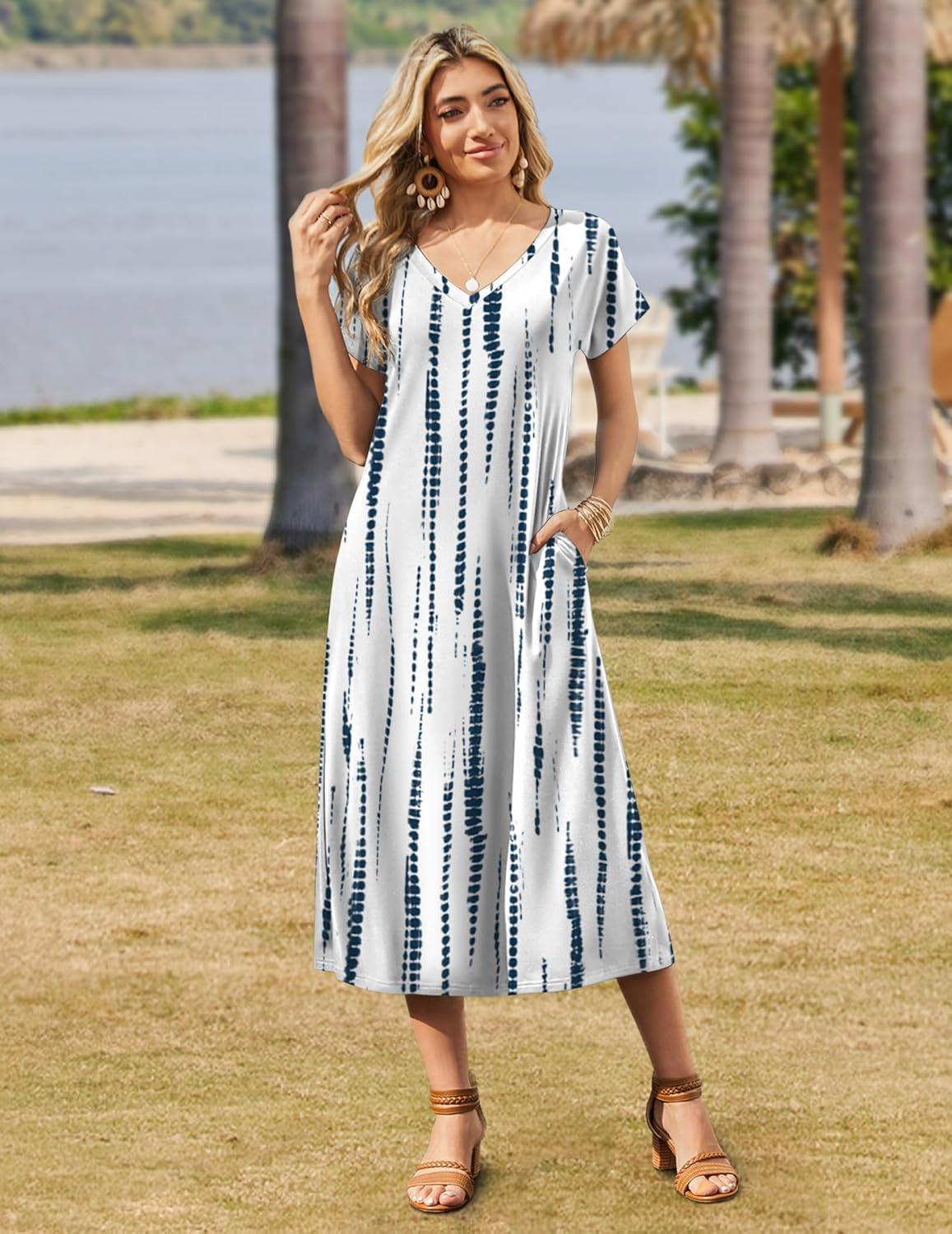 imageZeagoo Women Summer Floral Dress Short Sleeve Beach Dress with Pockets Casual VNeck Split Long TShirt Dress Travel VacationBlue White Tie Dye