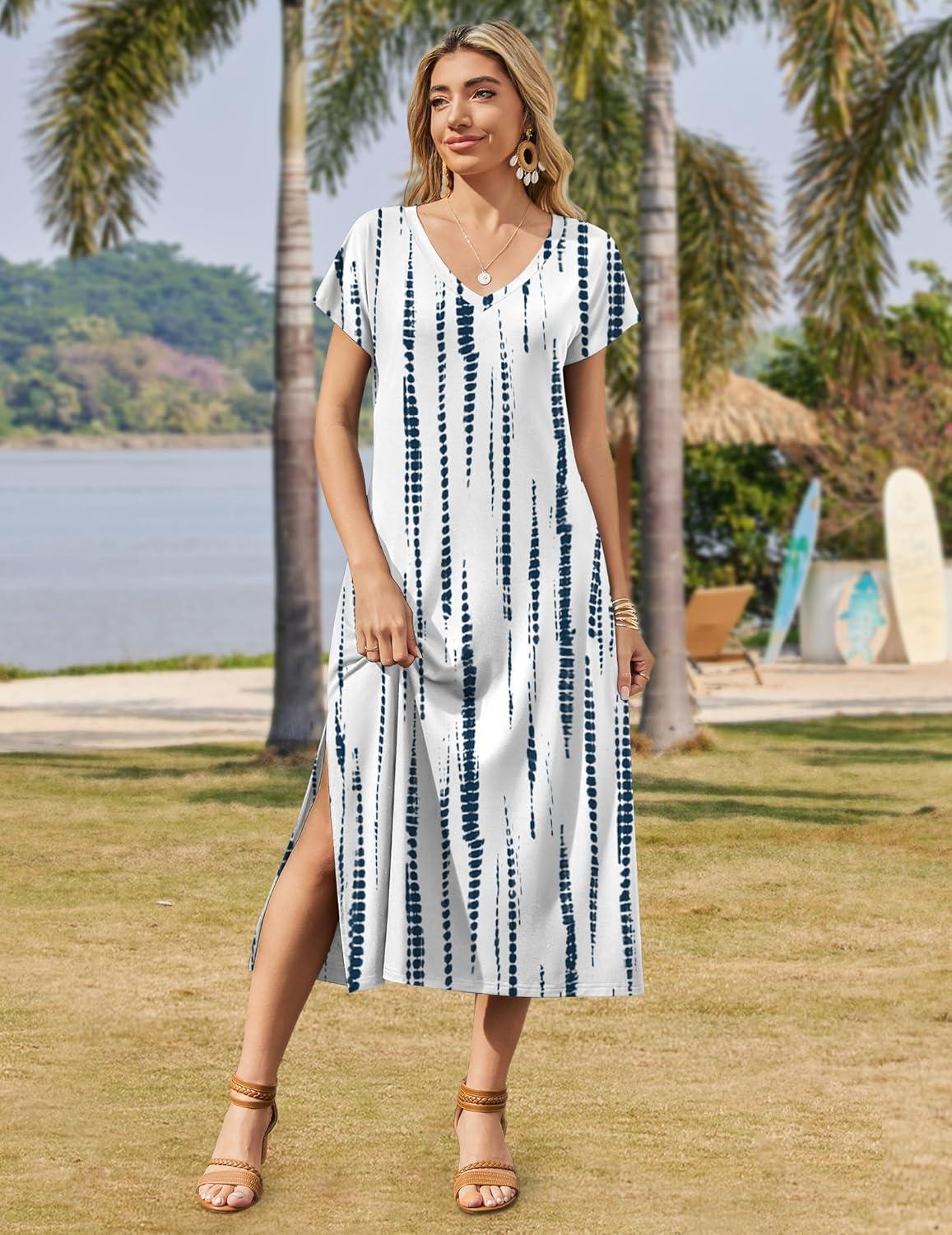 imageZeagoo Women Summer Floral Dress Short Sleeve Beach Dress with Pockets Casual VNeck Split Long TShirt Dress Travel VacationBlue White Tie Dye