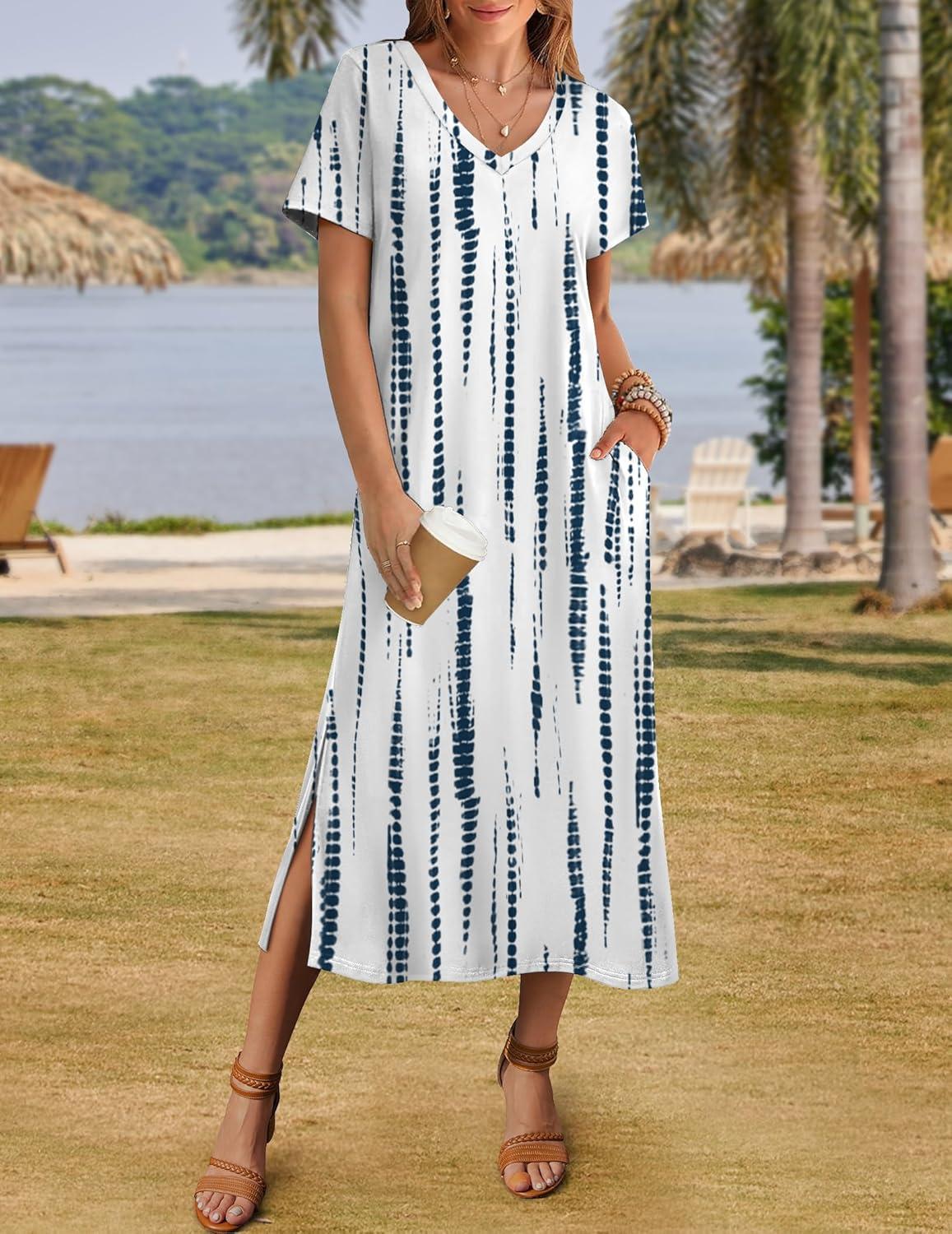 imageZeagoo Women Summer Floral Dress Short Sleeve Beach Dress with Pockets Casual VNeck Split Long TShirt Dress Travel VacationBlue White Tie Dye