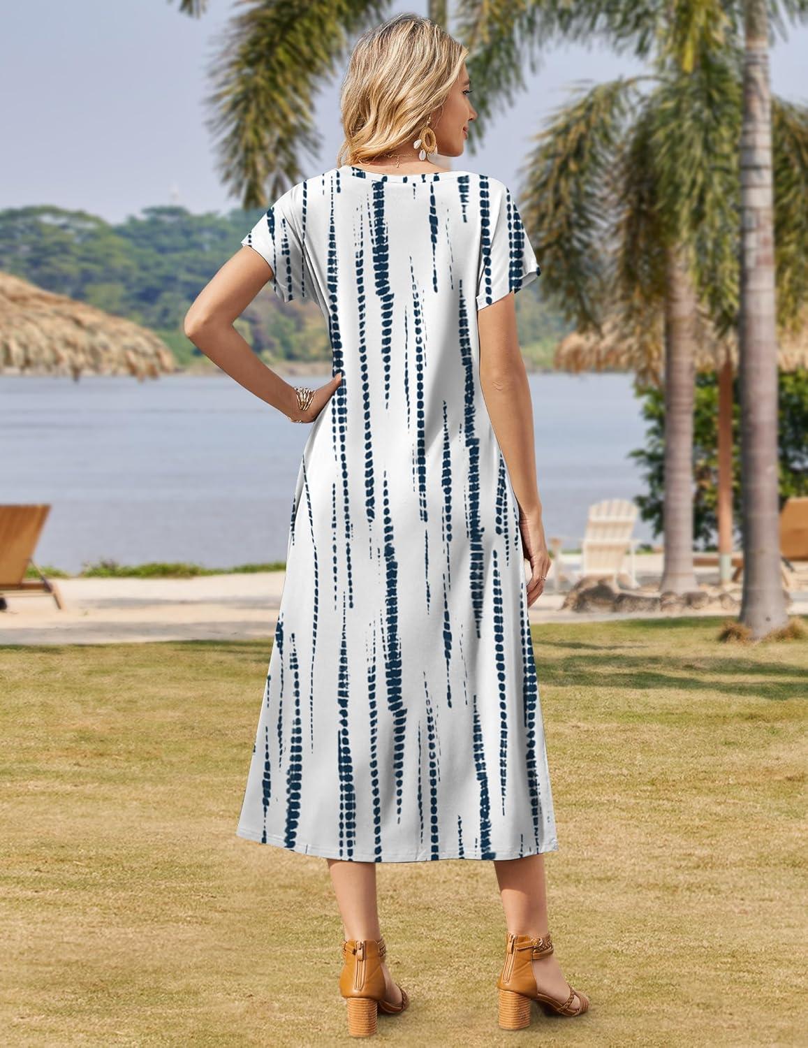 imageZeagoo Women Summer Floral Dress Short Sleeve Beach Dress with Pockets Casual VNeck Split Long TShirt Dress Travel VacationBlue White Tie Dye
