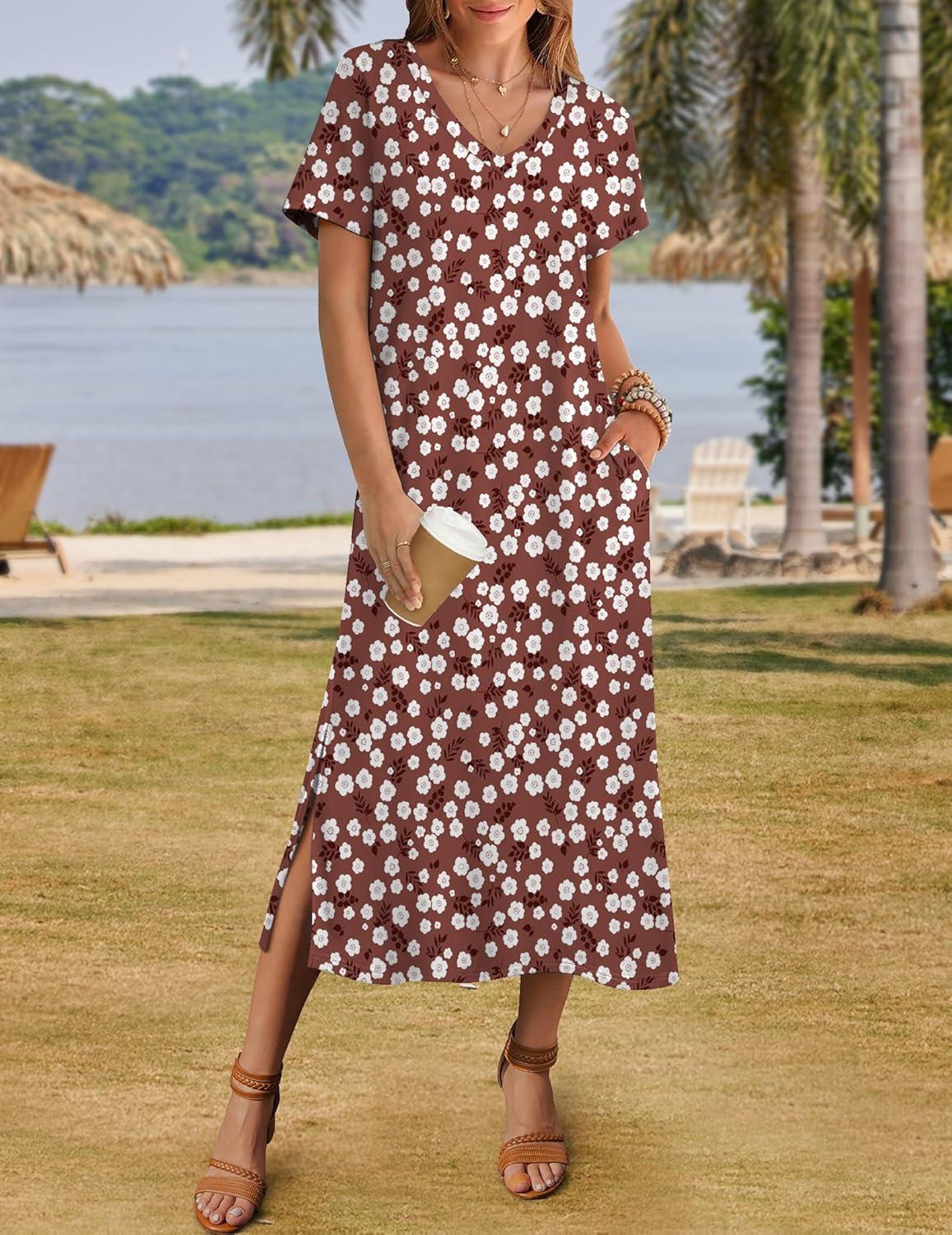 imageZeagoo Women Summer Floral Dress Short Sleeve Beach Dress with Pockets Casual VNeck Split Long TShirt Dress Travel VacationBrown White Floral