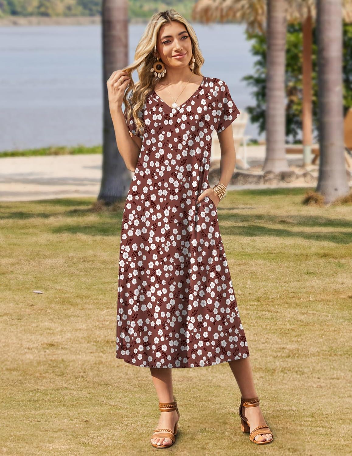 imageZeagoo Women Summer Floral Dress Short Sleeve Beach Dress with Pockets Casual VNeck Split Long TShirt Dress Travel VacationBrown White Floral