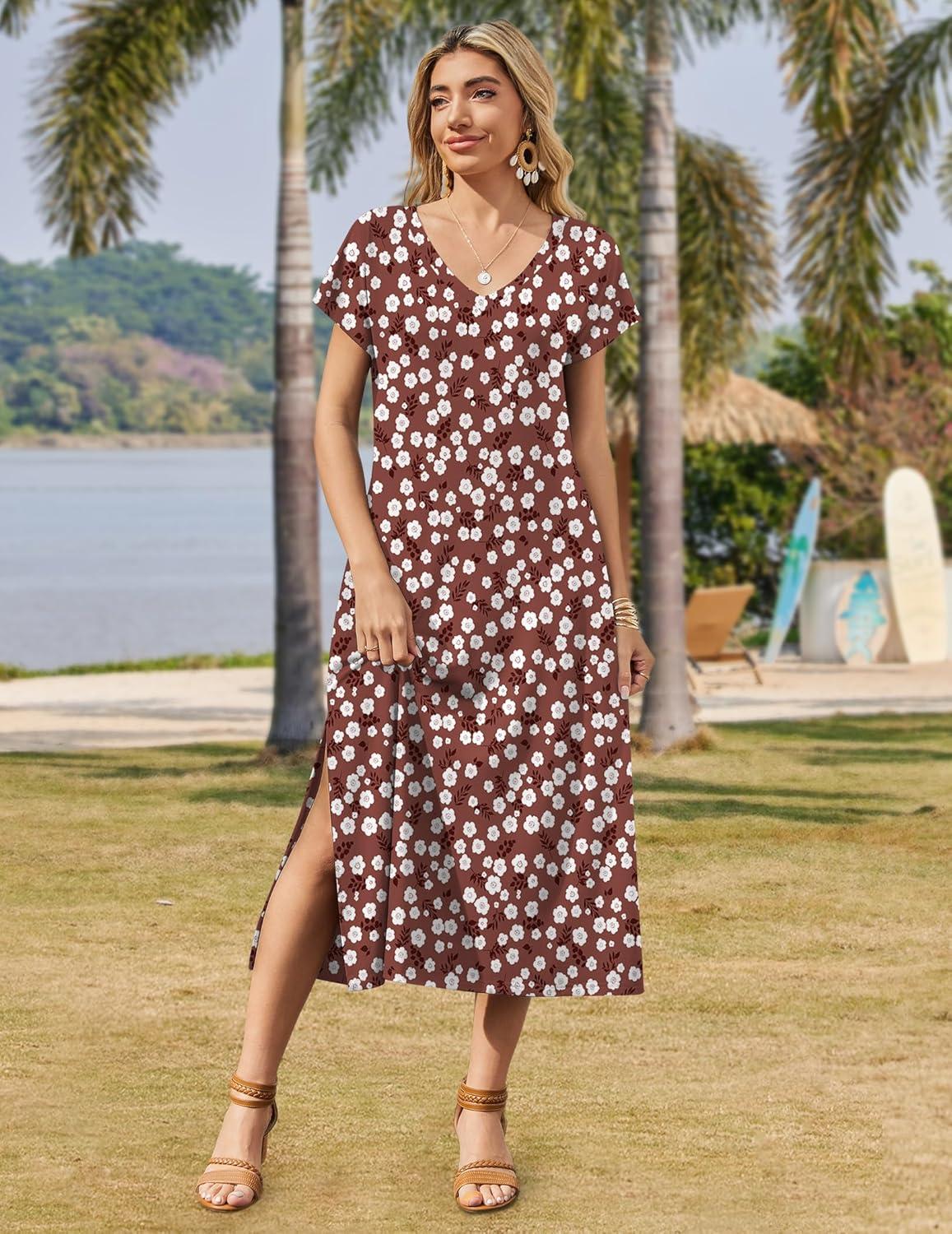 imageZeagoo Women Summer Floral Dress Short Sleeve Beach Dress with Pockets Casual VNeck Split Long TShirt Dress Travel VacationBrown White Floral
