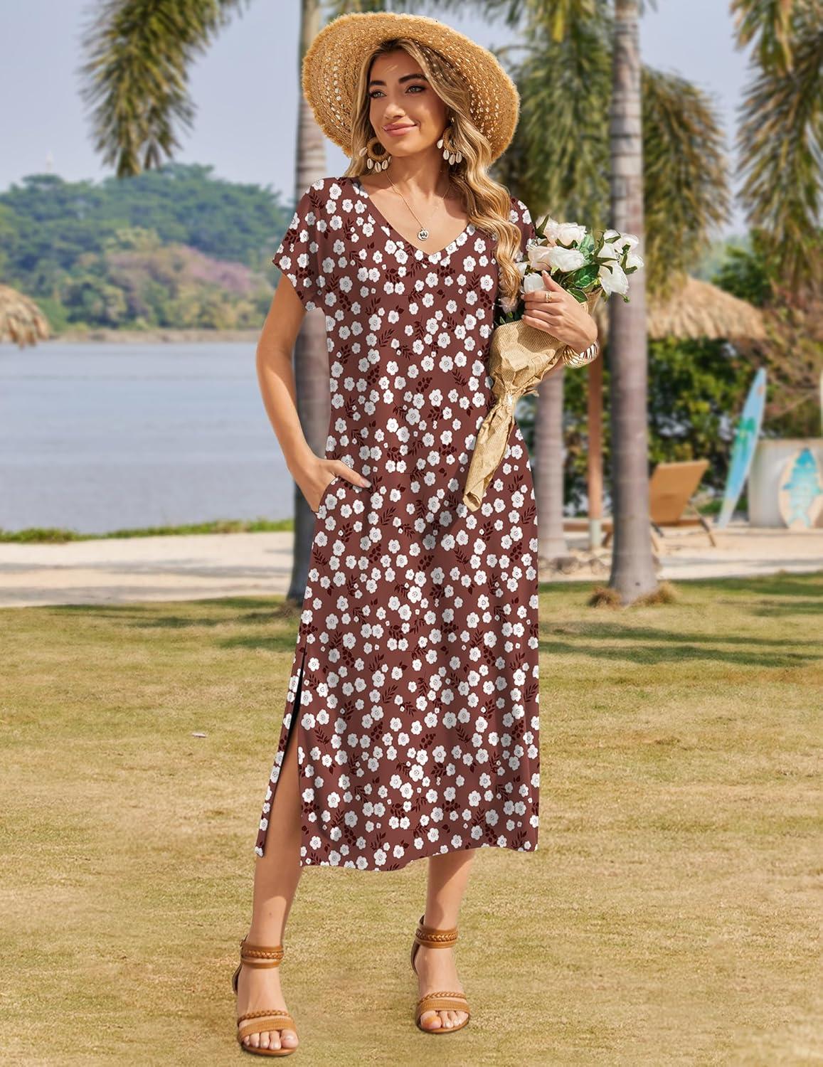 imageZeagoo Women Summer Floral Dress Short Sleeve Beach Dress with Pockets Casual VNeck Split Long TShirt Dress Travel VacationBrown White Floral