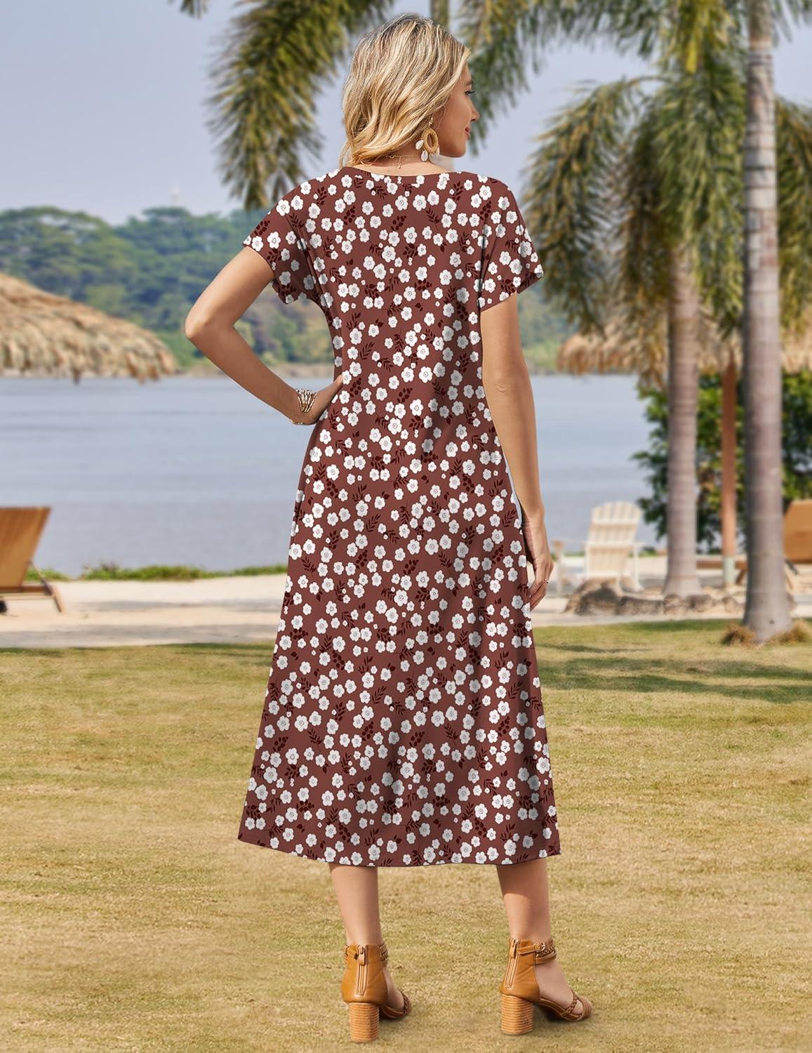 imageZeagoo Women Summer Floral Dress Short Sleeve Beach Dress with Pockets Casual VNeck Split Long TShirt Dress Travel VacationBrown White Floral