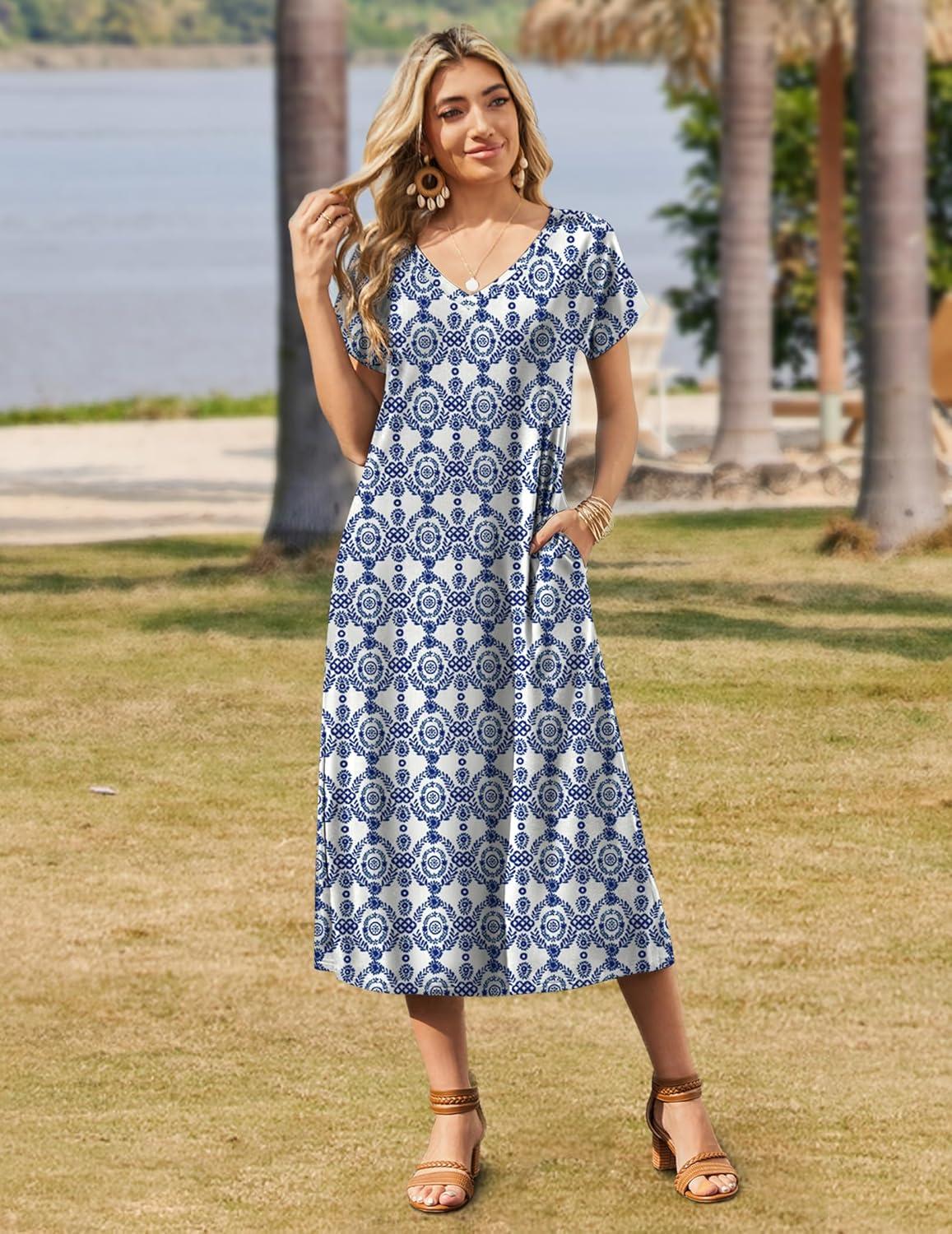 imageZeagoo Women Summer Floral Dress Short Sleeve Beach Dress with Pockets Casual VNeck Split Long TShirt Dress Travel VacationEthnic Pattern