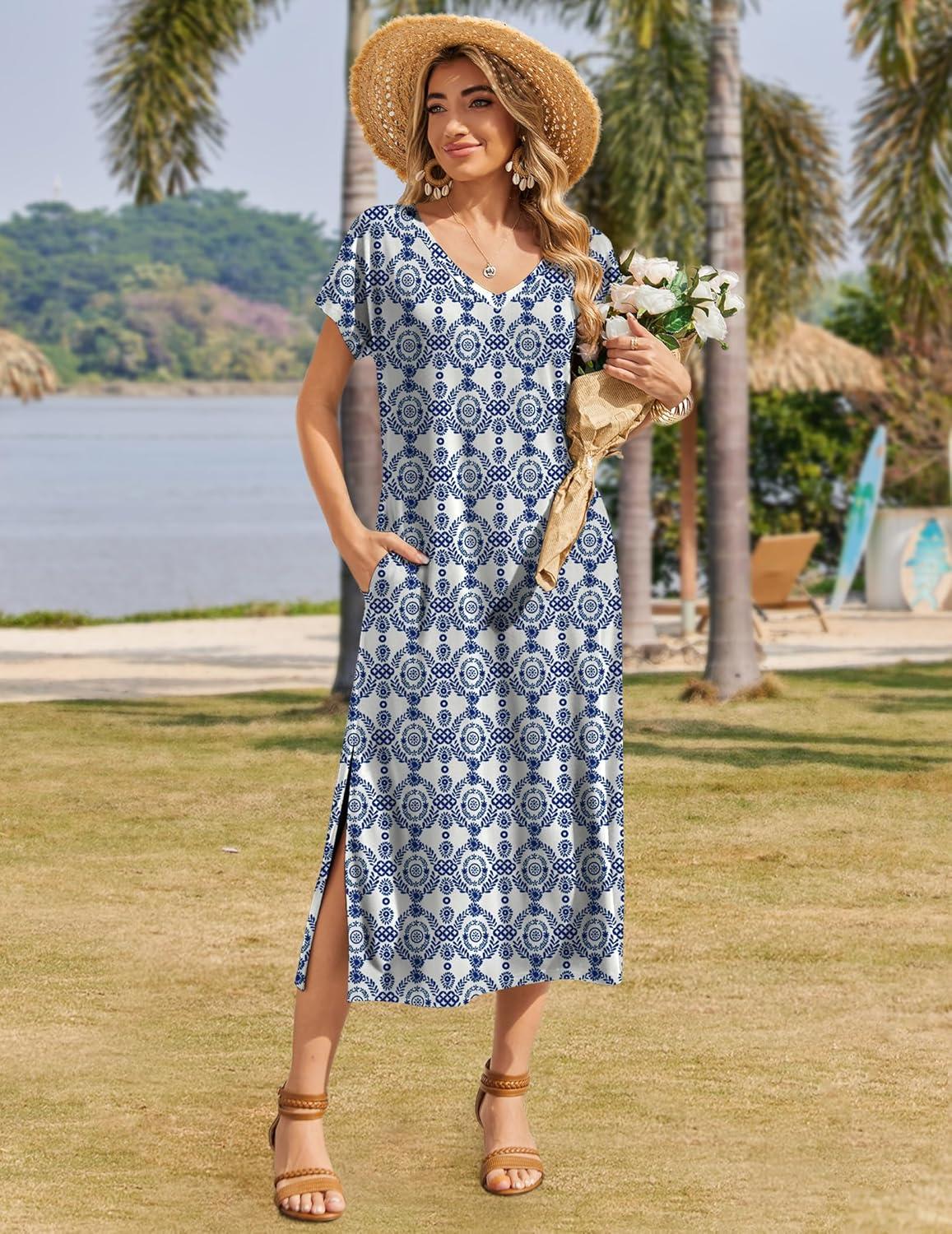 imageZeagoo Women Summer Floral Dress Short Sleeve Beach Dress with Pockets Casual VNeck Split Long TShirt Dress Travel VacationEthnic Pattern