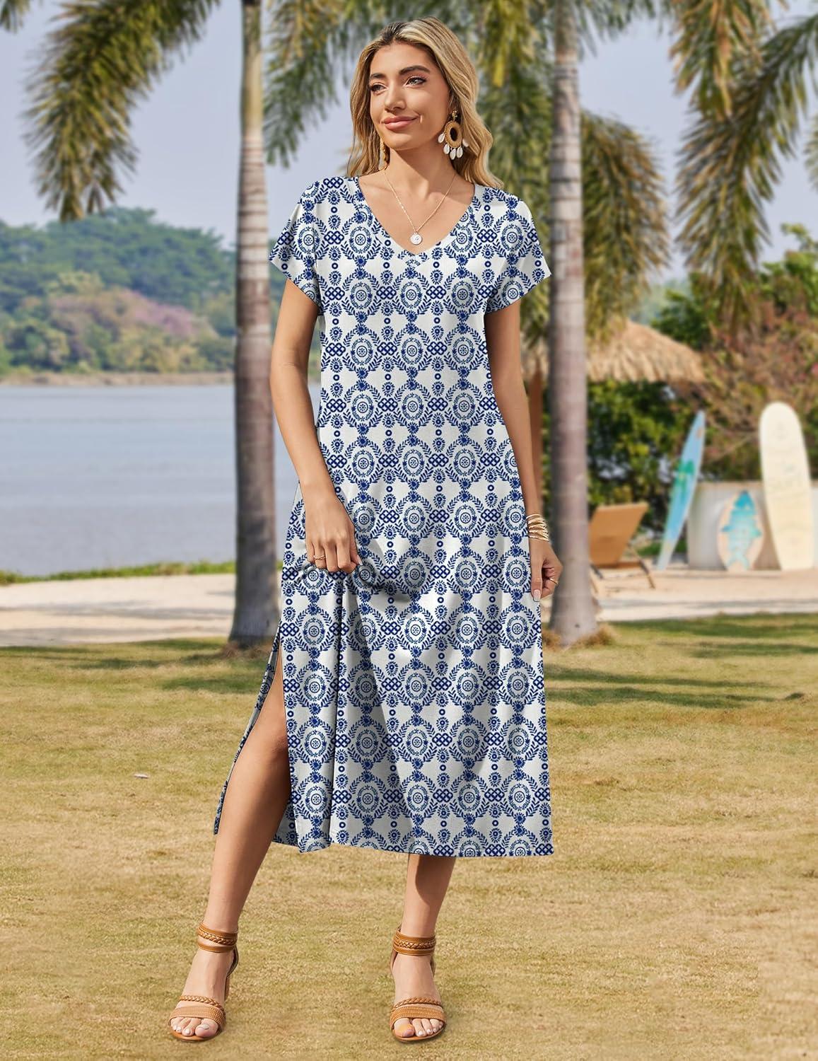 imageZeagoo Women Summer Floral Dress Short Sleeve Beach Dress with Pockets Casual VNeck Split Long TShirt Dress Travel VacationEthnic Pattern
