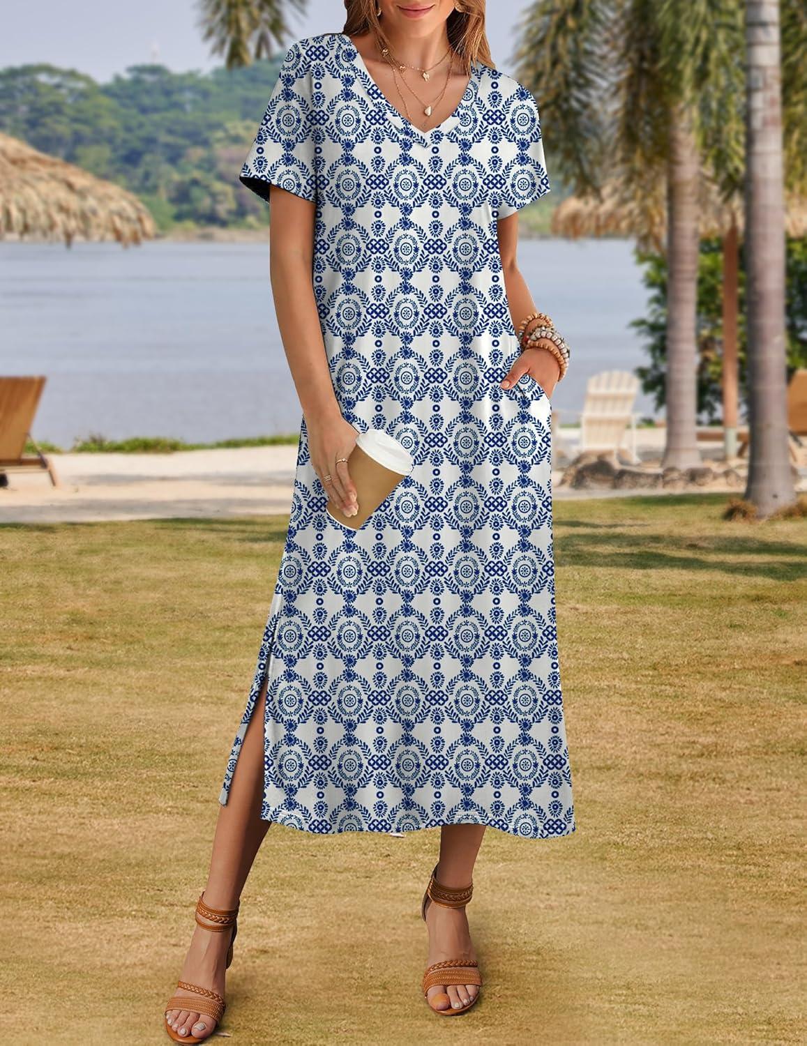 imageZeagoo Women Summer Floral Dress Short Sleeve Beach Dress with Pockets Casual VNeck Split Long TShirt Dress Travel VacationEthnic Pattern
