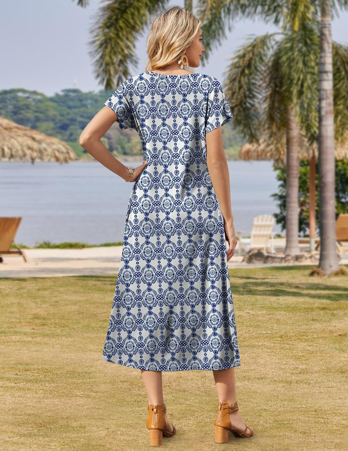 imageZeagoo Women Summer Floral Dress Short Sleeve Beach Dress with Pockets Casual VNeck Split Long TShirt Dress Travel VacationEthnic Pattern