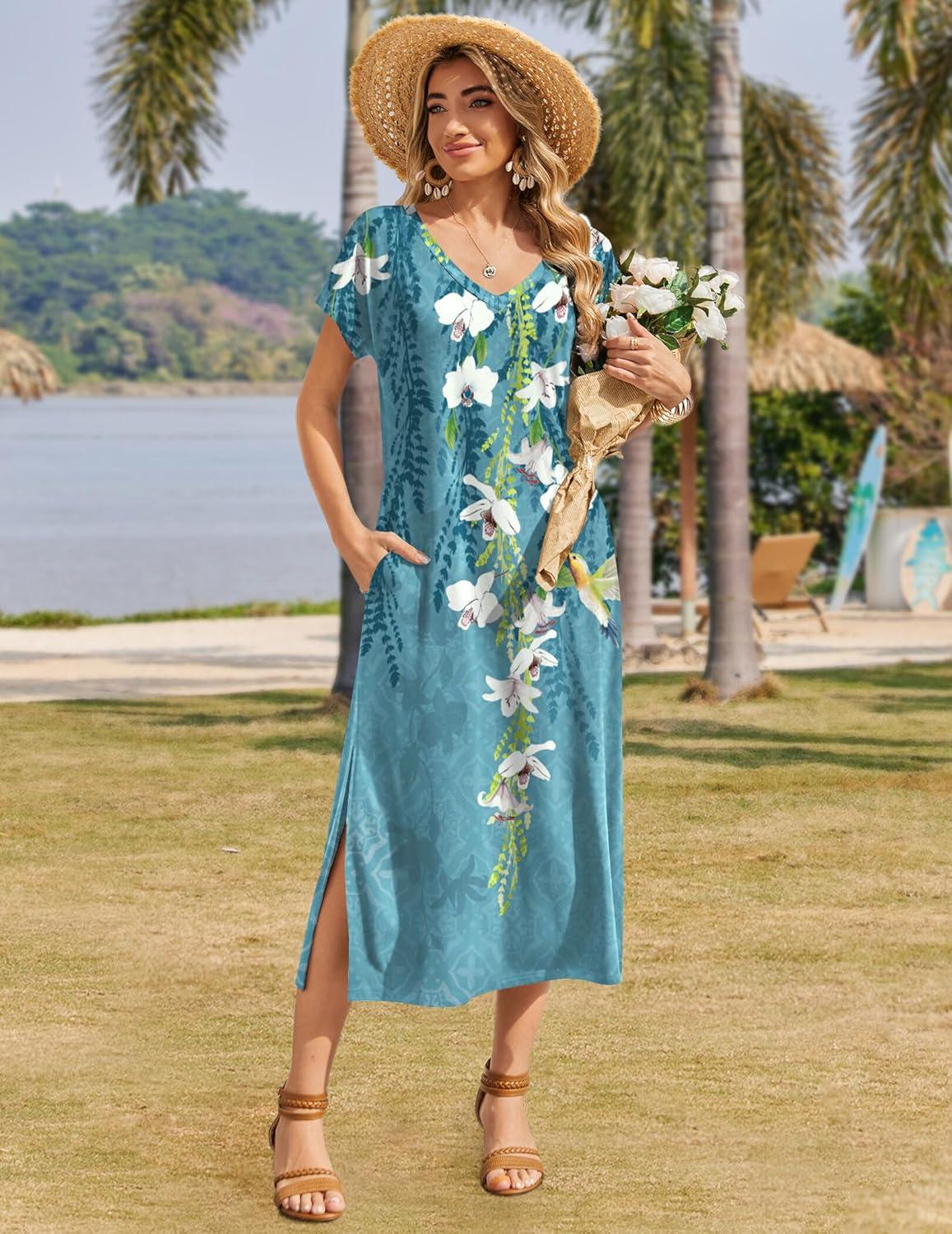 imageZeagoo Women Summer Floral Dress Short Sleeve Beach Dress with Pockets Casual VNeck Split Long TShirt Dress Travel VacationFloral Light Blue