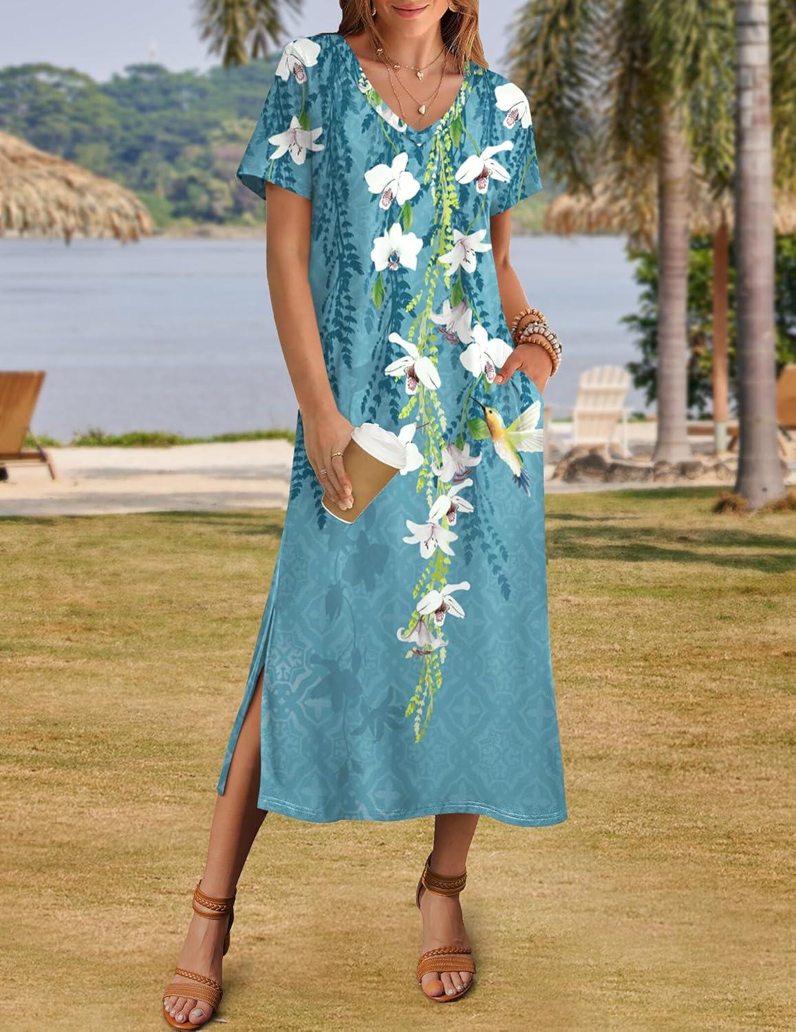 imageZeagoo Women Summer Floral Dress Short Sleeve Beach Dress with Pockets Casual VNeck Split Long TShirt Dress Travel VacationFloral Light Blue