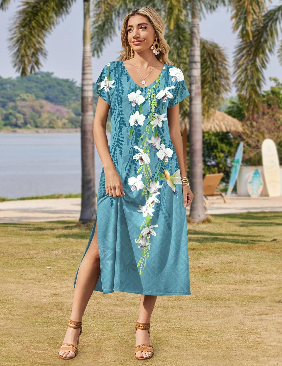 imageZeagoo Women Summer Floral Dress Short Sleeve Beach Dress with Pockets Casual VNeck Split Long TShirt Dress Travel VacationFloral Light Blue