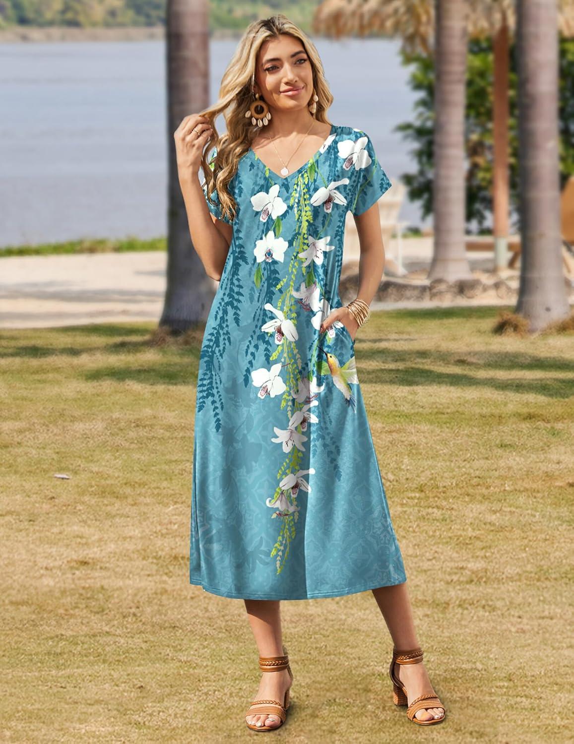 imageZeagoo Women Summer Floral Dress Short Sleeve Beach Dress with Pockets Casual VNeck Split Long TShirt Dress Travel VacationFloral Light Blue