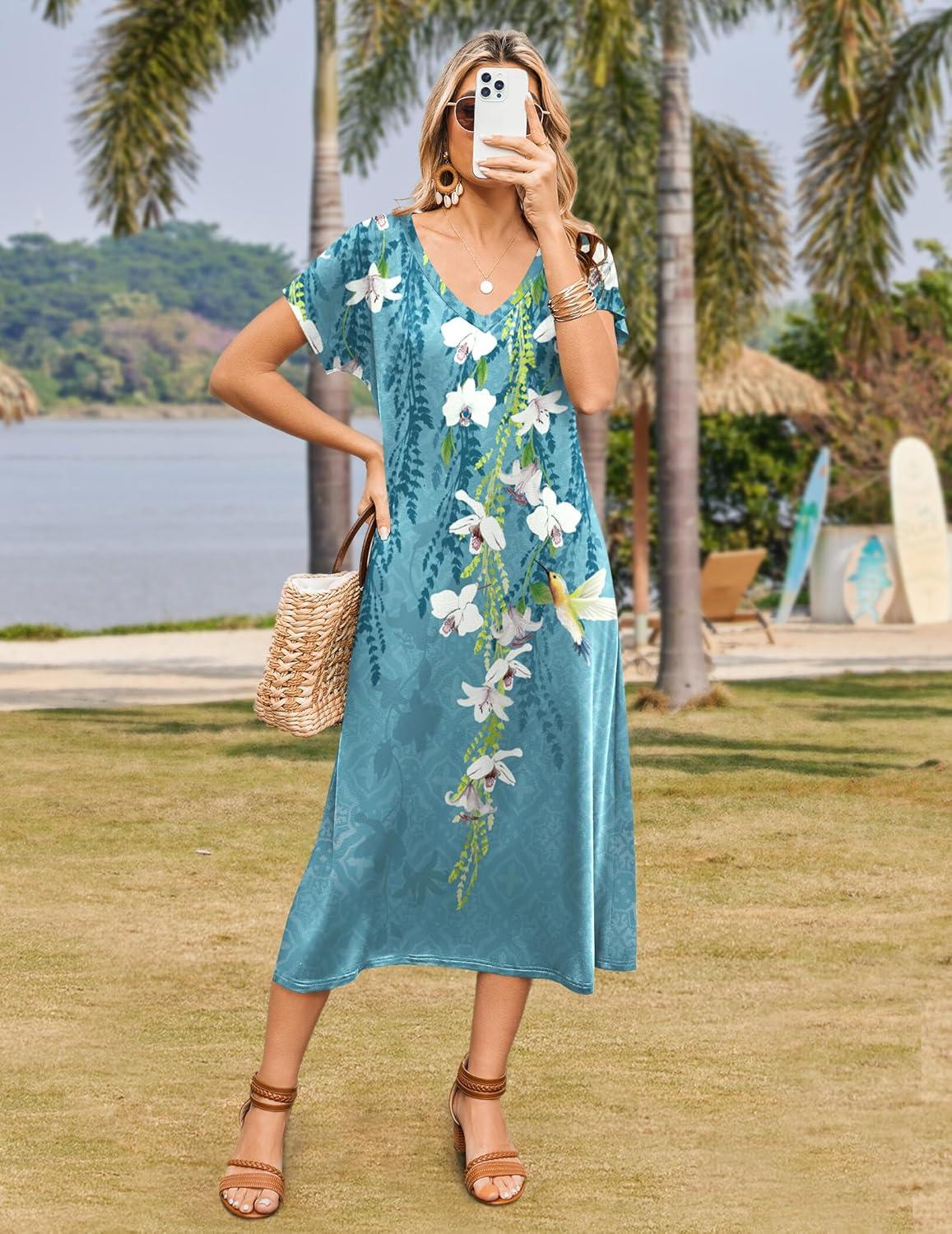 imageZeagoo Women Summer Floral Dress Short Sleeve Beach Dress with Pockets Casual VNeck Split Long TShirt Dress Travel VacationFloral Light Blue