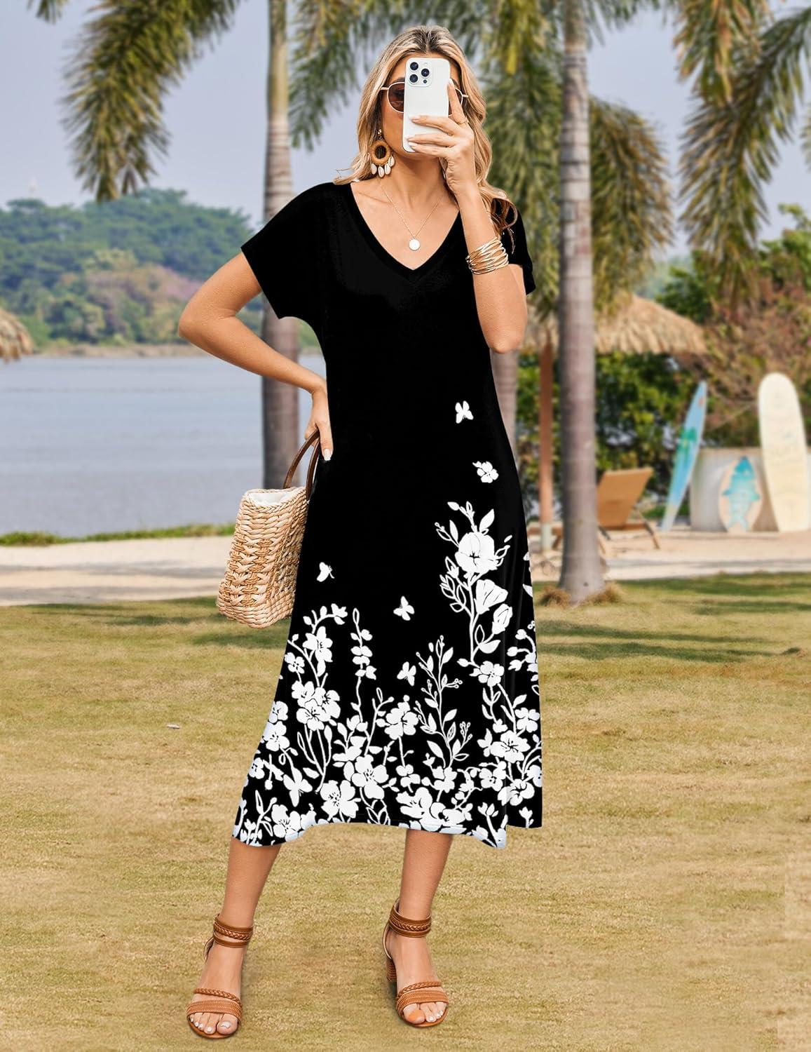 imageZeagoo Women Summer Floral Dress Short Sleeve Beach Dress with Pockets Casual VNeck Split Long TShirt Dress Travel VacationFlowers Black
