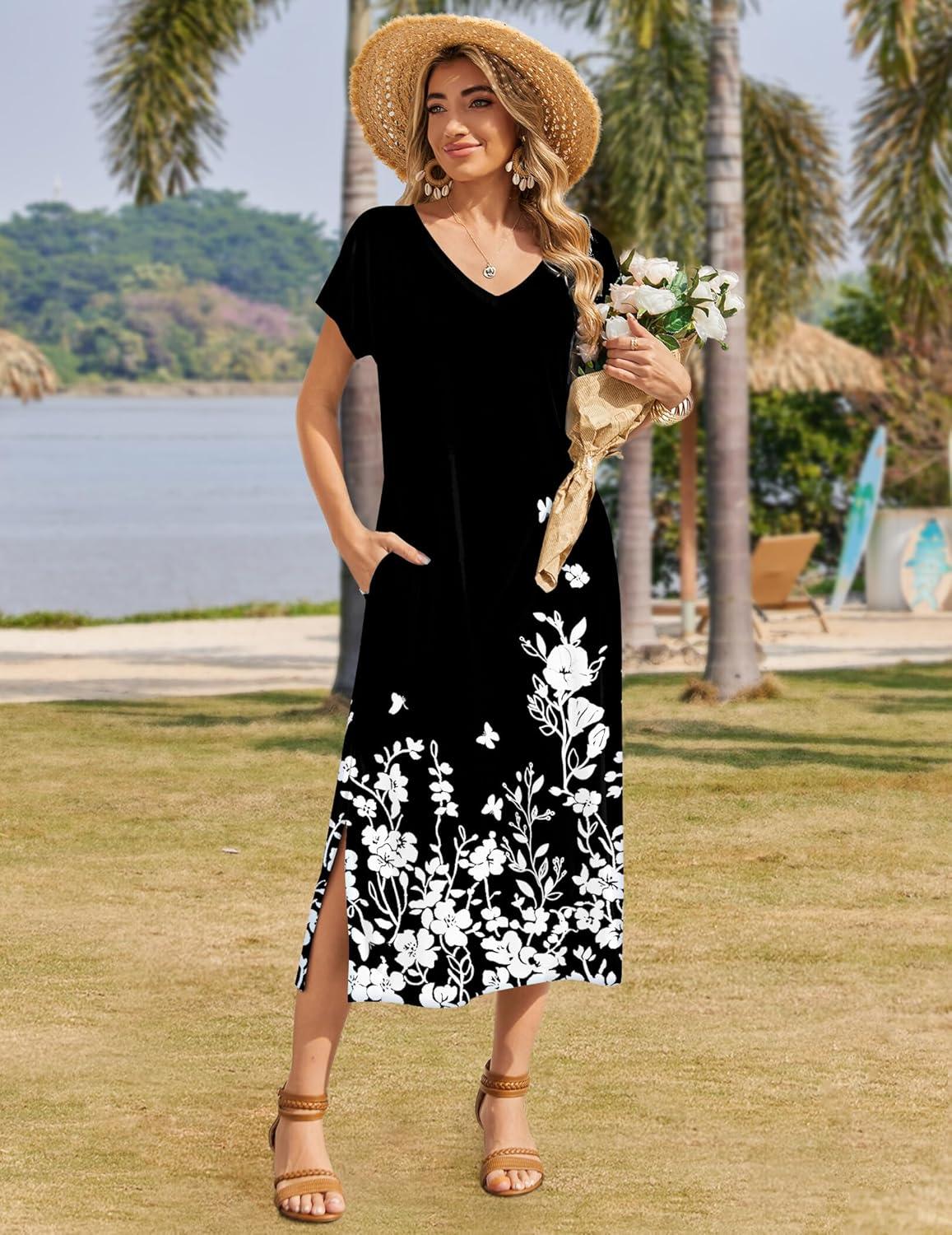 imageZeagoo Women Summer Floral Dress Short Sleeve Beach Dress with Pockets Casual VNeck Split Long TShirt Dress Travel VacationFlowers Black