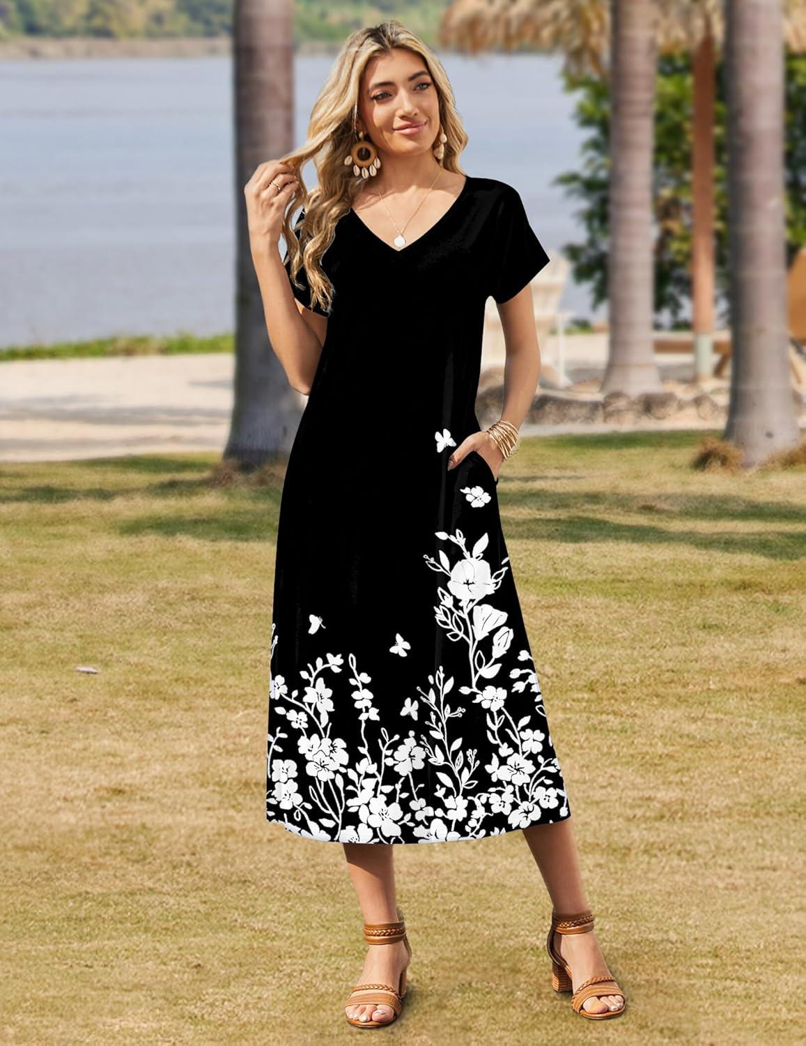 imageZeagoo Women Summer Floral Dress Short Sleeve Beach Dress with Pockets Casual VNeck Split Long TShirt Dress Travel VacationFlowers Black