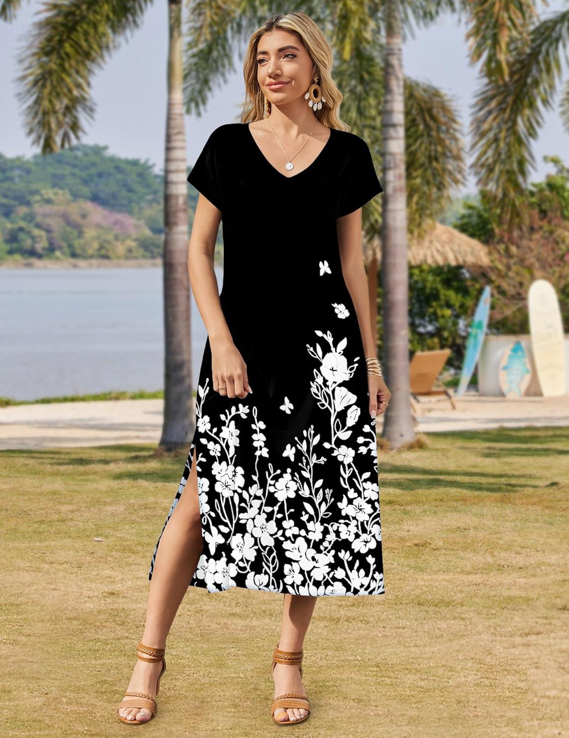 imageZeagoo Women Summer Floral Dress Short Sleeve Beach Dress with Pockets Casual VNeck Split Long TShirt Dress Travel VacationFlowers Black