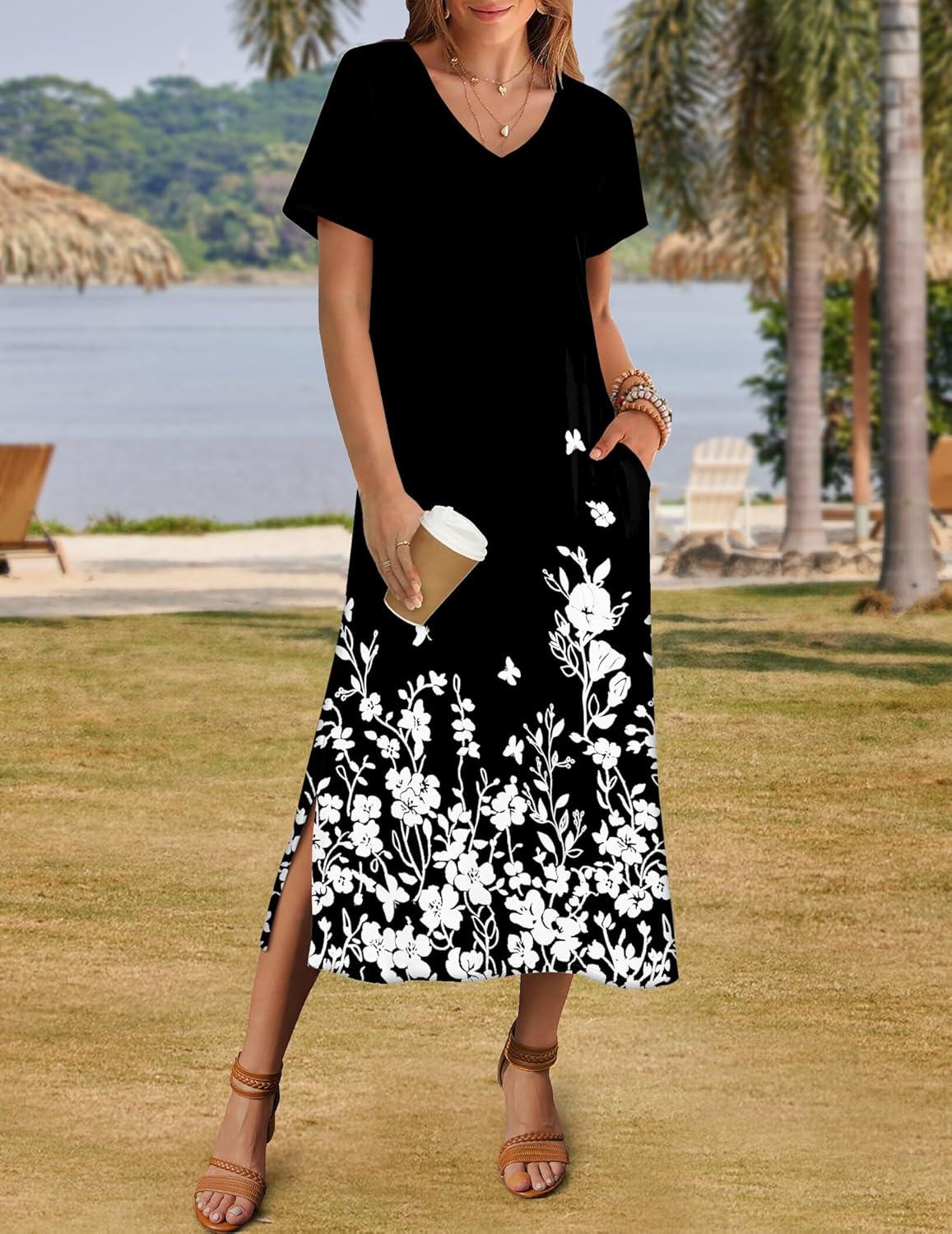 imageZeagoo Women Summer Floral Dress Short Sleeve Beach Dress with Pockets Casual VNeck Split Long TShirt Dress Travel VacationFlowers Black