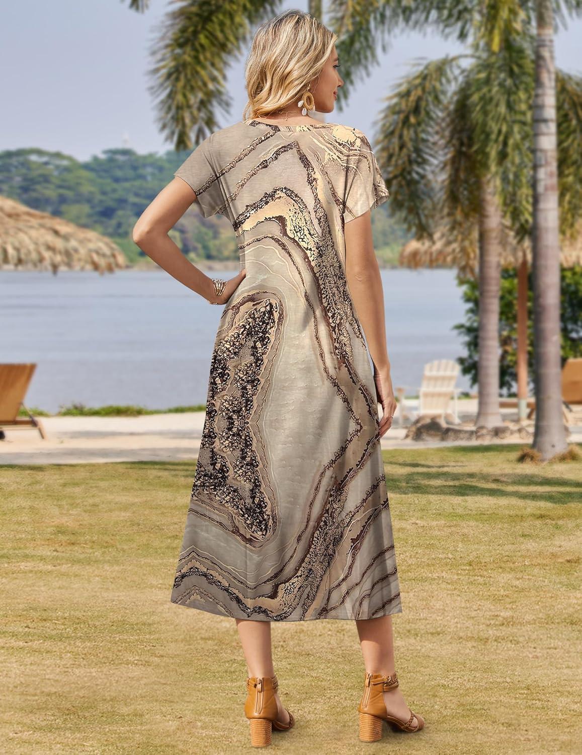 imageZeagoo Women Summer Floral Dress Short Sleeve Beach Dress with Pockets Casual VNeck Split Long TShirt Dress Travel VacationGold Print