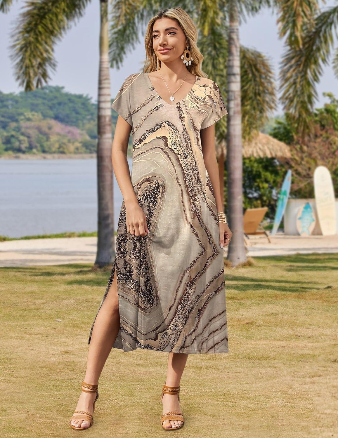 imageZeagoo Women Summer Floral Dress Short Sleeve Beach Dress with Pockets Casual VNeck Split Long TShirt Dress Travel VacationGold Print